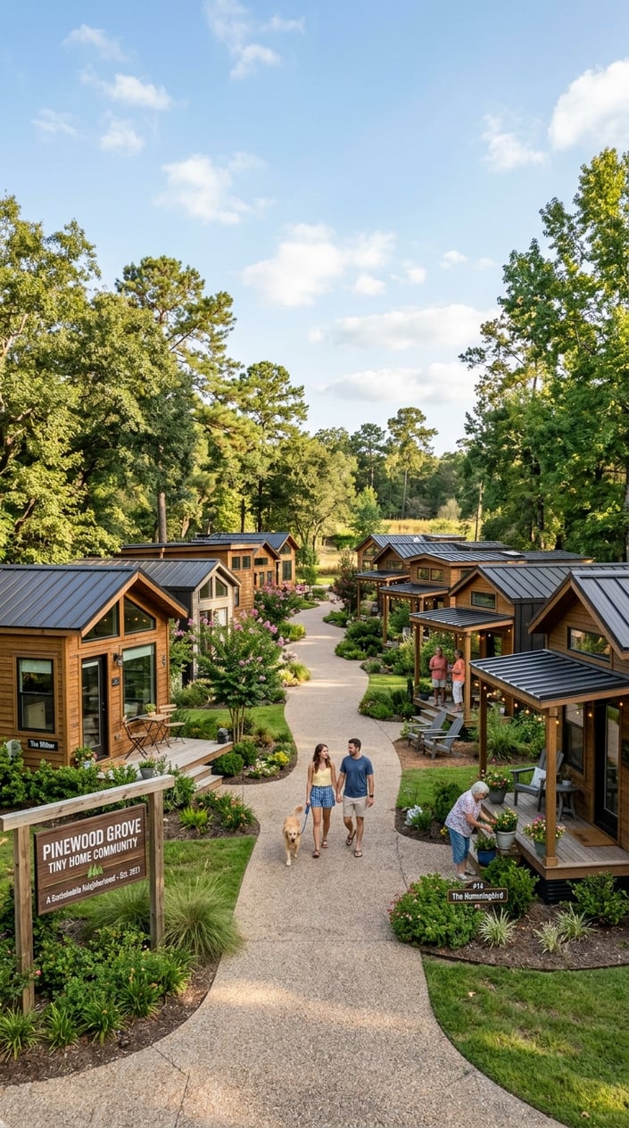 Tiny Home Communities in Houston Texas: A Guide to Finding Your Perfect Community 2 A small community of modern tiny homes surrounded by trees and greenery with people walking along a pathway.