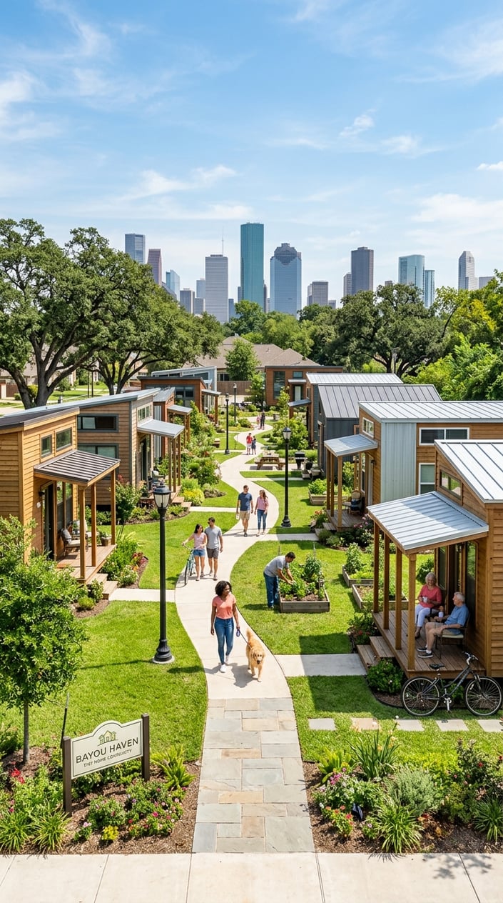 Tiny Home Communities in Houston Texas: A Guide to Finding Your Perfect Community 3 A neighborhood of small, modern tiny homes with green lawns and people enjoying outdoor activities under a clear blue sky.