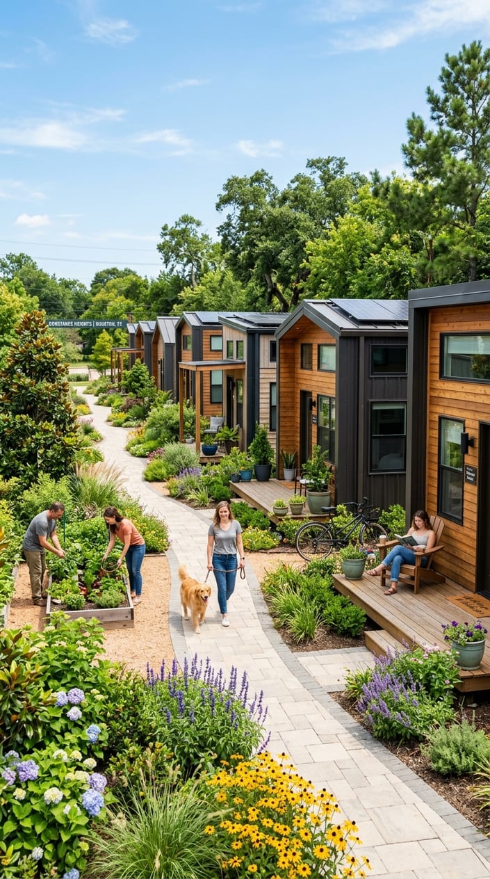 Tiny Home Communities in Houston Texas: A Guide to Finding Your Perfect Community 4 A tiny home community with several small houses surrounded by greenery and people enjoying the outdoor space on a sunny day.