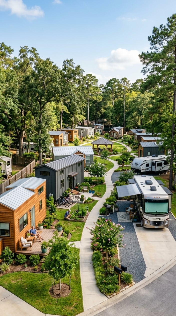 Tiny Home Communities in Houston Texas: A Guide to Finding Your Perfect Community 5 A peaceful tiny home and RV community surrounded by trees and greenery under a clear blue sky.