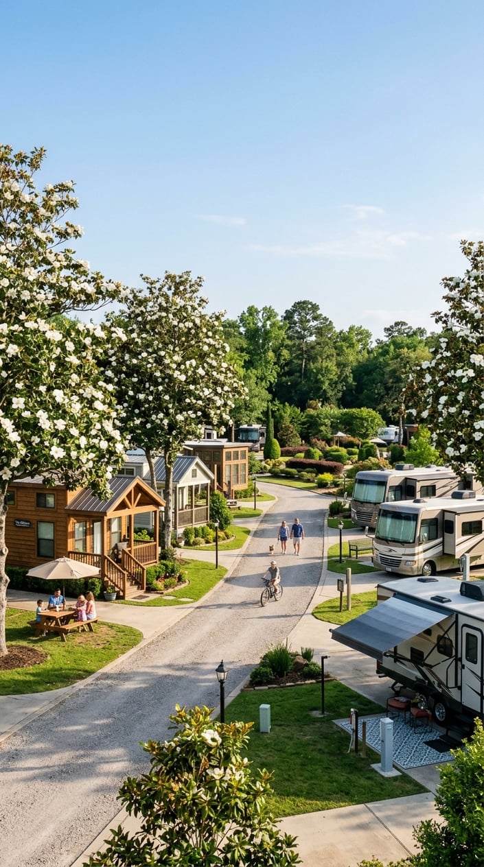 Tiny Home Communities in Houston Texas: A Guide to Finding Your Perfect Community 6 A peaceful RV park and tiny home community with modern tiny houses, RVs, green lawns, blooming magnolia trees, and people enjoying outdoor activities.
