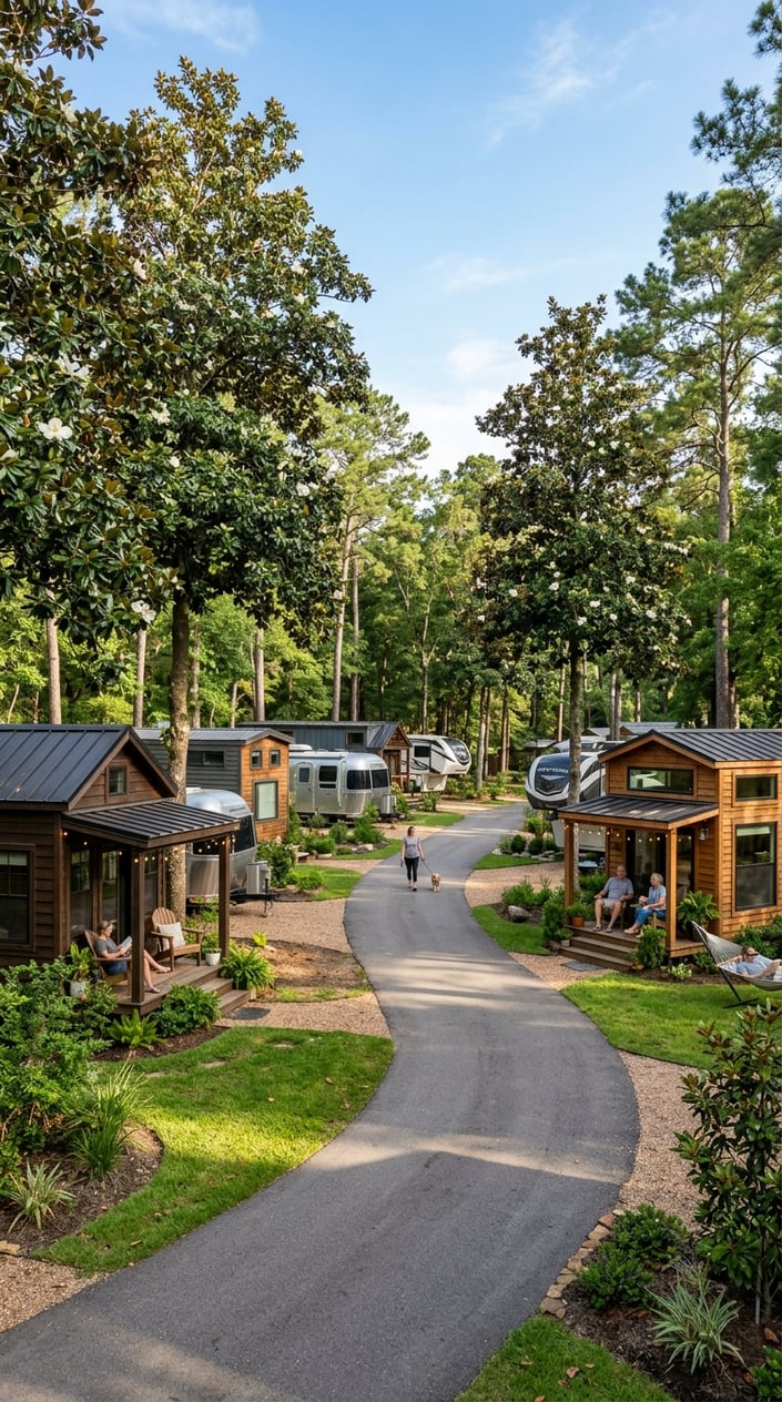 Tiny Home Communities in Houston Texas: A Guide to Finding Your Perfect Community 7 A peaceful tiny home community surrounded by tall magnolia trees with several modern tiny homes and RVs along paved paths under a clear sky.