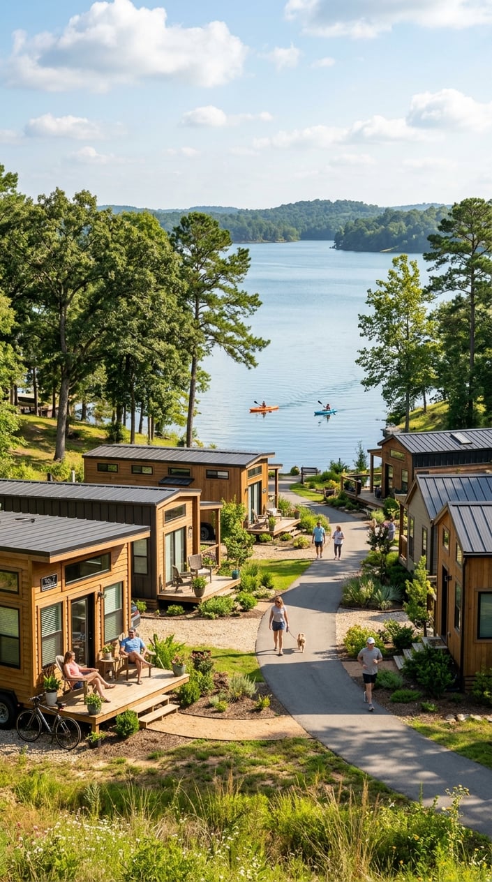 Tiny Home Communities in Houston Texas: A Guide to Finding Your Perfect Community 8 A peaceful tiny home community near a lake with green trees, small houses, people walking, and kayakers on the water.