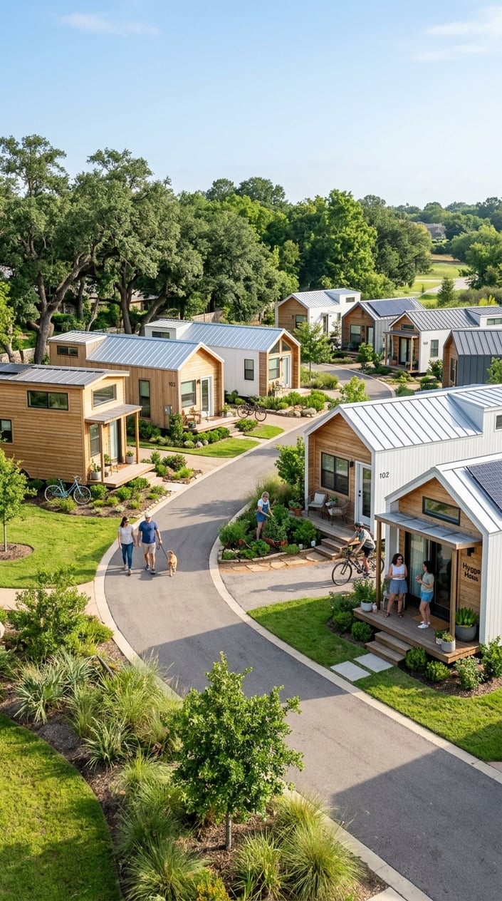 Tiny Home Communities in Houston Texas: A Guide to Finding Your Perfect Community 9 A peaceful tiny home community with several small modern houses surrounded by greenery and walkways under a clear blue sky.