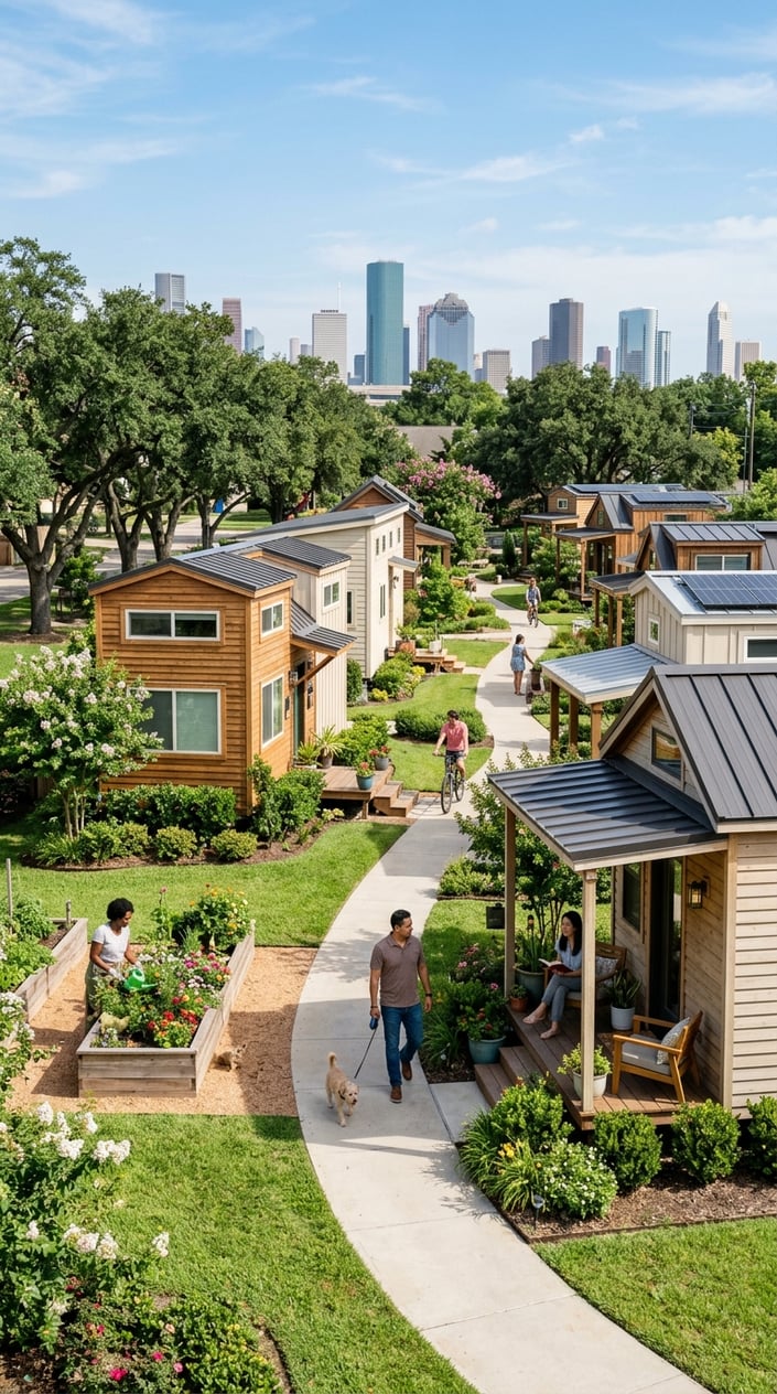 Tiny Home Communities in Houston Texas: A Guide to Finding Your Perfect Community 10 A peaceful tiny home community with small houses, green lawns, trees, and people enjoying outdoor activities with a city skyline visible in the distance.
