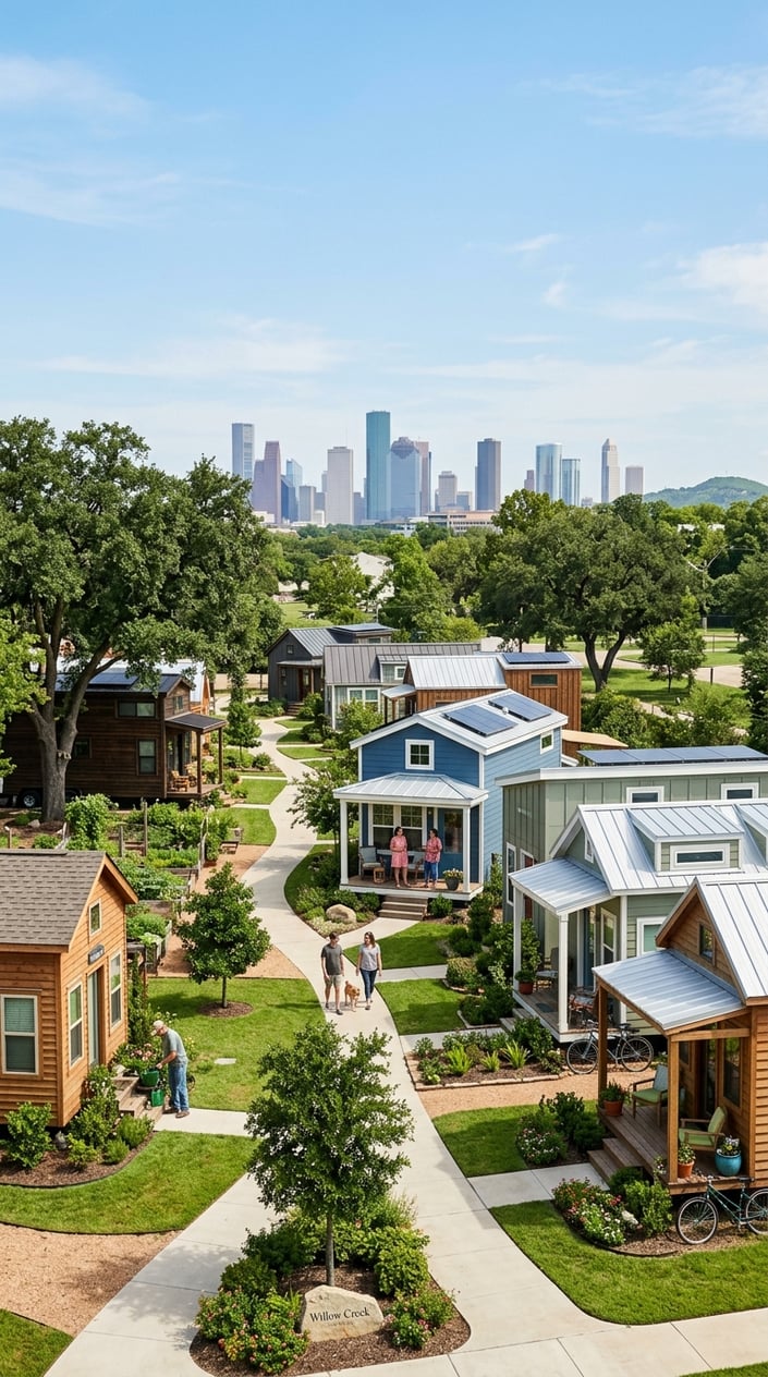 Tiny Home Communities in Houston Texas: A Guide to Finding Your Perfect Community 11 A tiny home community near Houston with small houses, green lawns, trees, and the city skyline in the background.