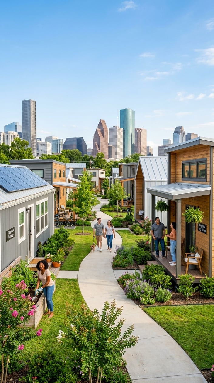 Tiny Home Communities in Houston Texas: A Guide to Finding Your Perfect Community 12 A tiny home community with small modern houses, green landscaping, and people enjoying outdoor activities with a city skyline in the background.