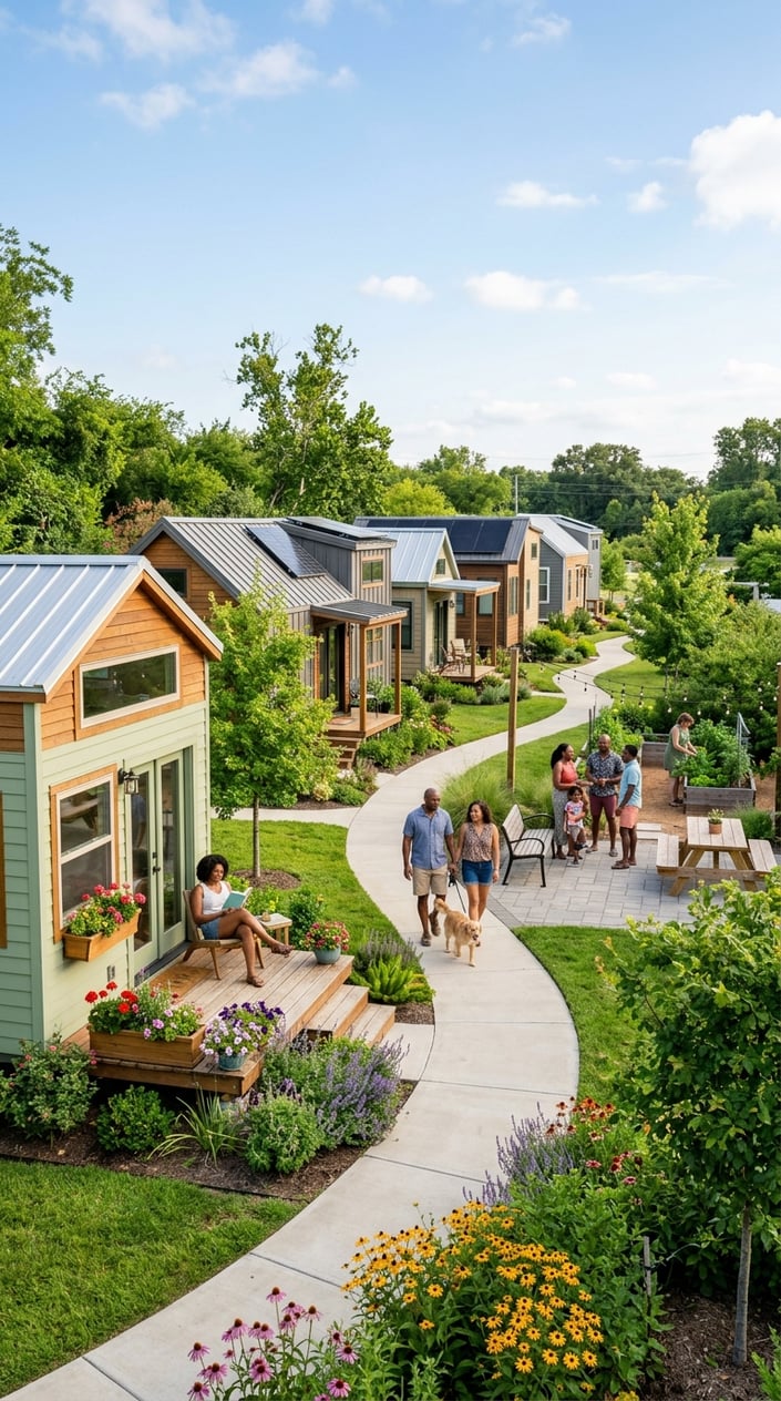 Tiny Home Communities in Houston Texas: A Guide to Finding Your Perfect Community 13 A peaceful tiny home community with modern small houses, green lawns, and people enjoying outdoor spaces on a sunny day.