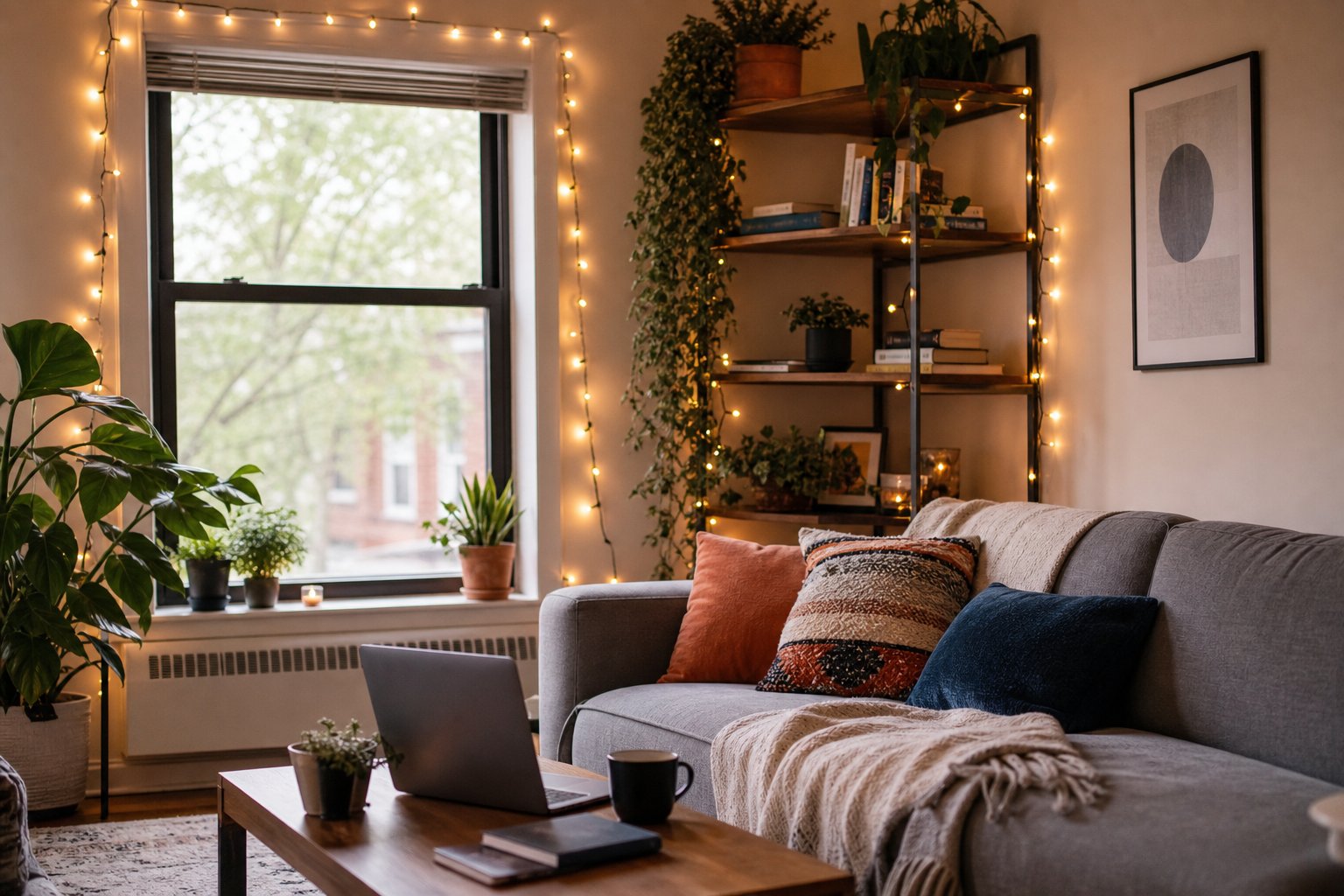 Cozy college apartment living room corner with warm white string lights around a window and shelf, a sofa with cushions, and decorative plants.
