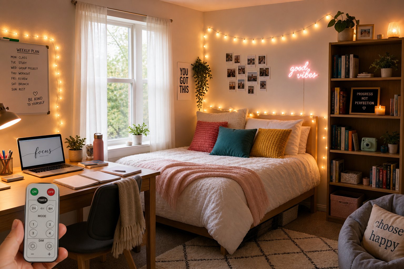 A college apartment bedroom with string lights around the bed, a desk with a laptop, and a bookshelf.