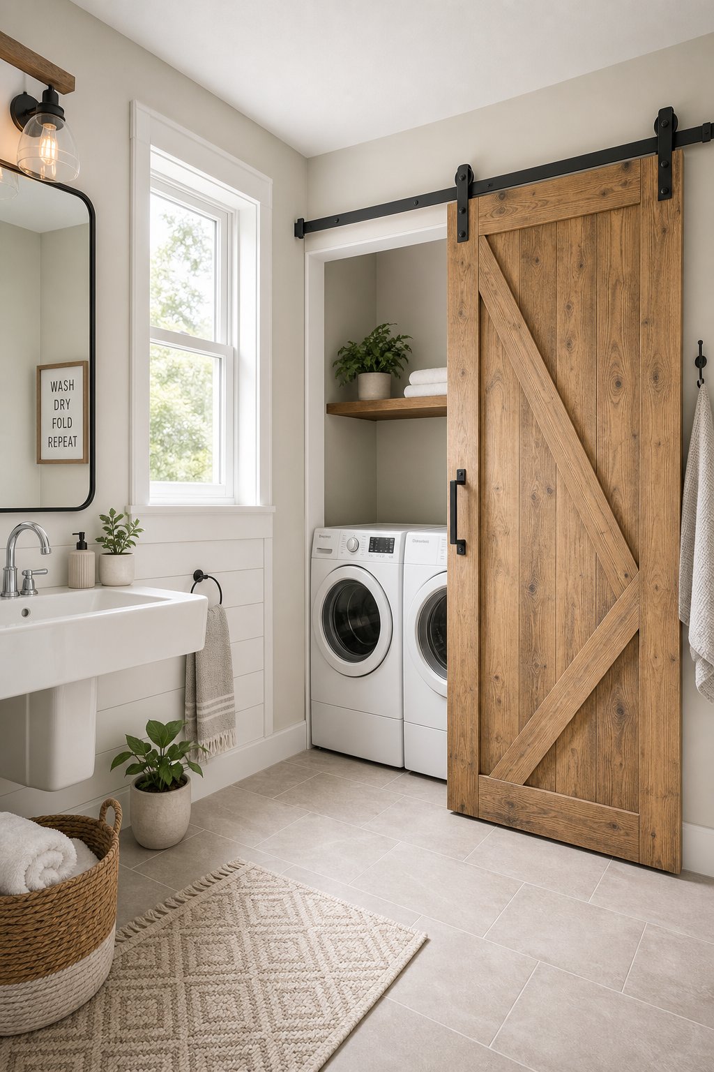Laundry room and bathroom combo with a sliding wooden barn door partially open revealing a washer and dryer.