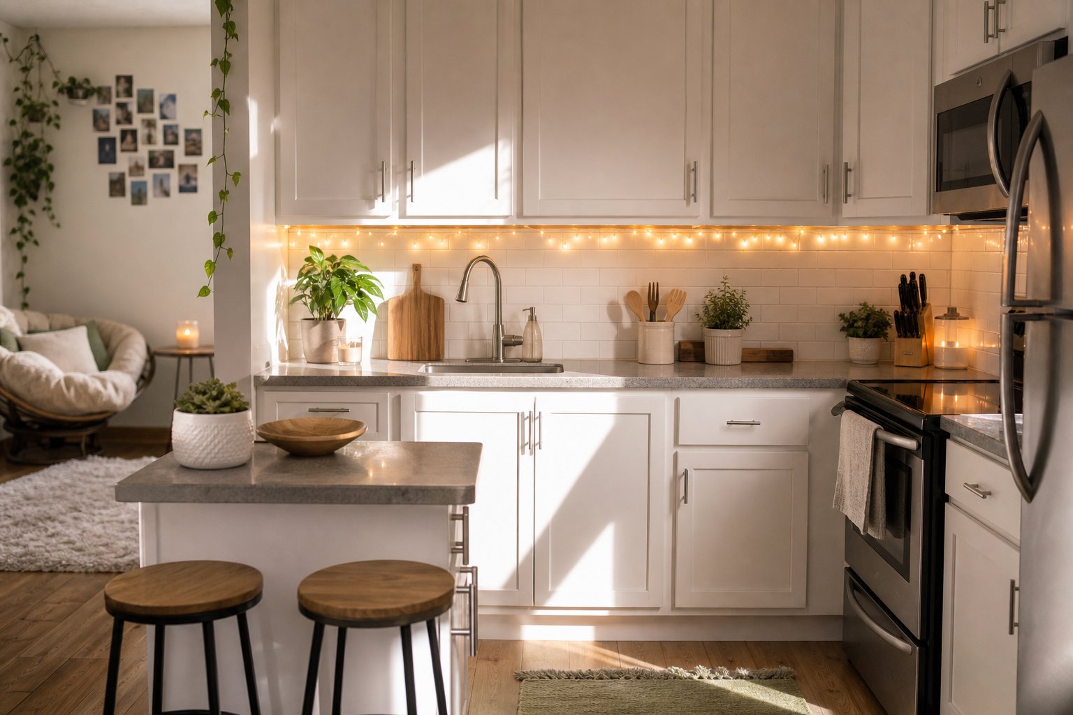 A clean kitchen with white cabinets and warm fairy lights under the upper cabinets, creating a cozy atmosphere.