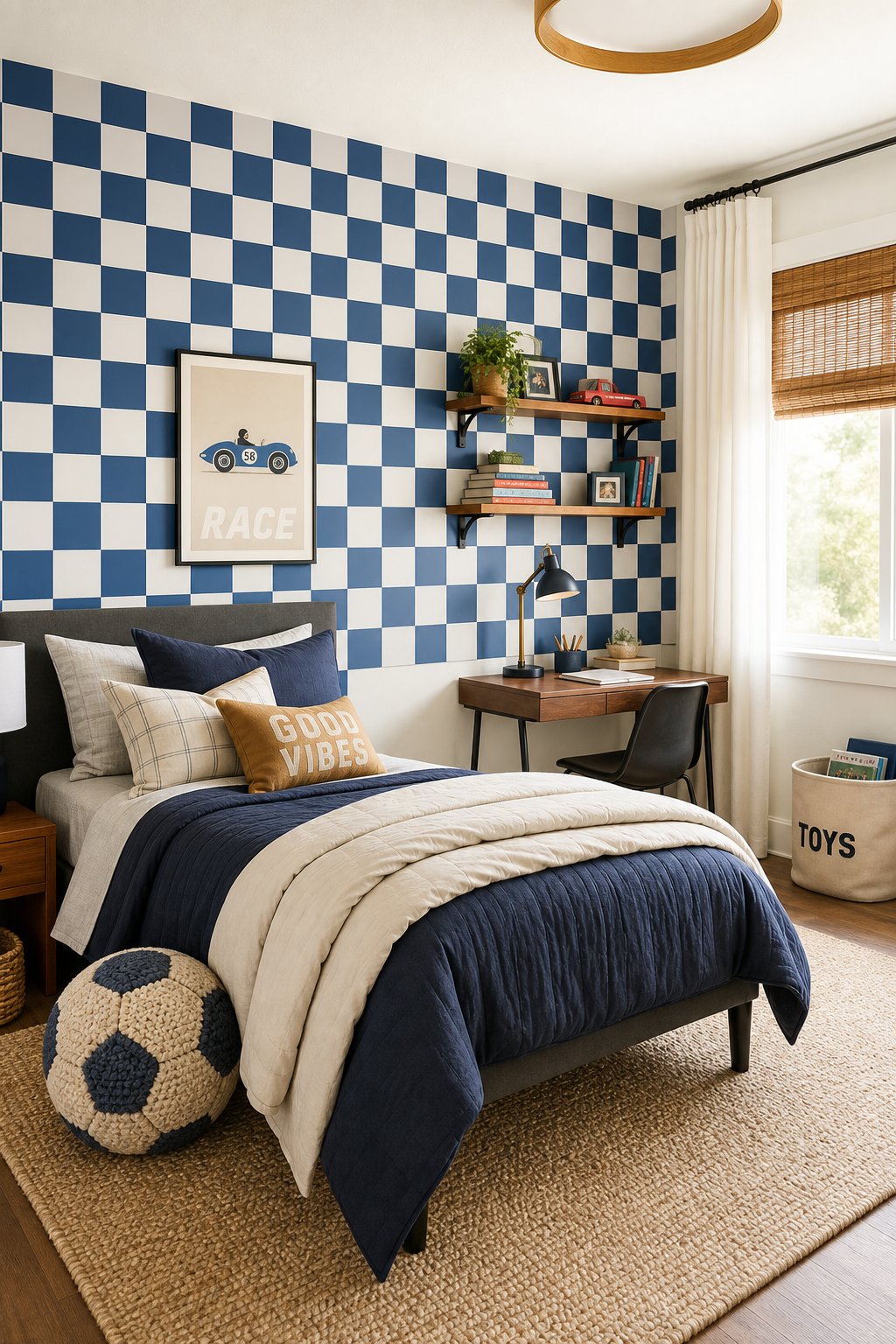 A boys' bedroom with a checkered accent wall, a bed, desk, and natural light coming through a window.