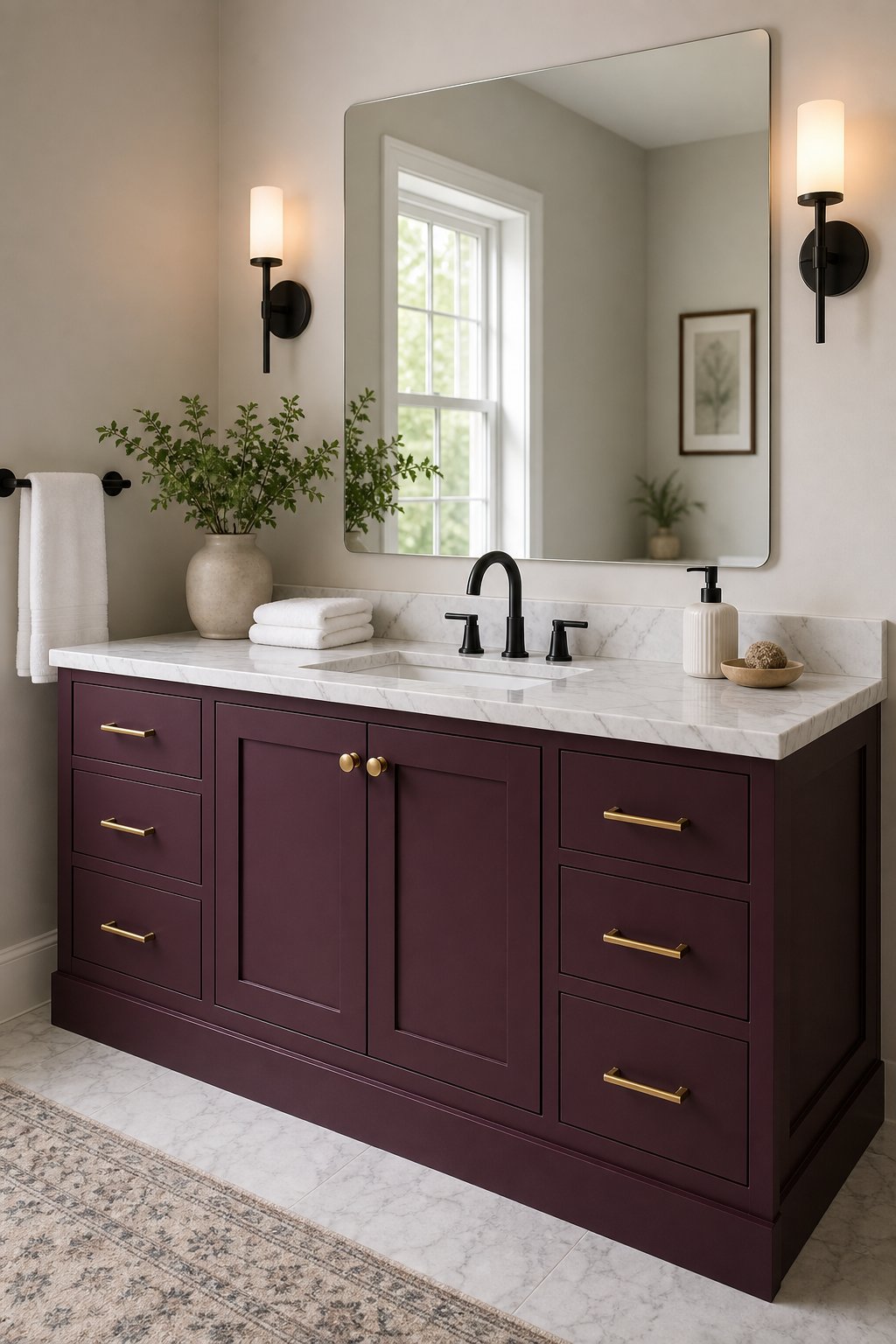 Bathroom interior with a deep plum vanity cabinet, white marble countertop, mirror, and soft natural lighting.