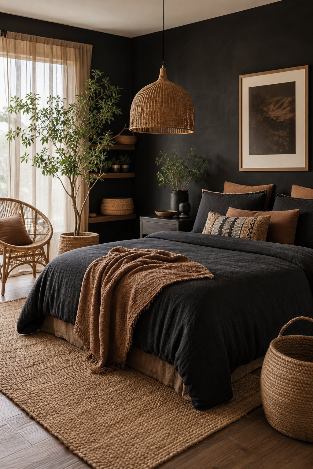 A bedroom with a bed, jute rug, rattan furniture, and warm natural lighting.