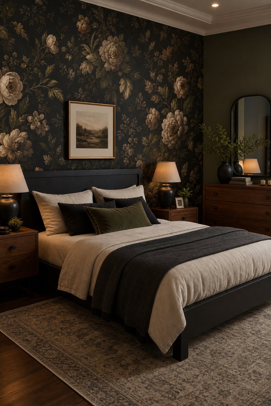 A bedroom with dark floral wallpaper and black and brown wooden furniture including a bed, nightstands, and dresser.