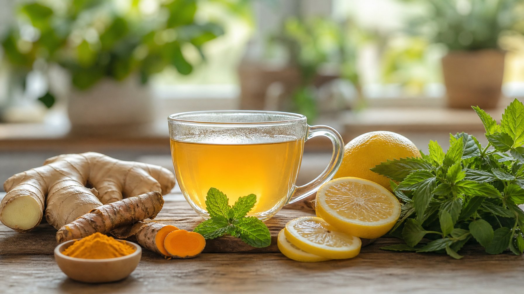 Secangkir teh herbal hangat dengan irisan lemon, jahe, kunyit, dan daun mint di atas meja kayu dengan latar belakang dapur yang terang.