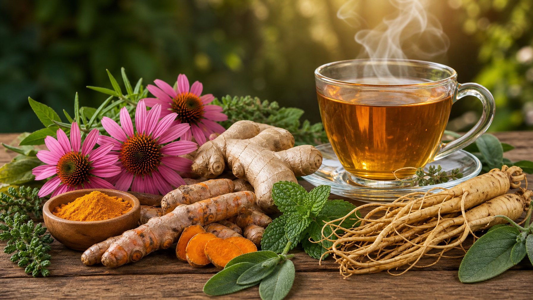 Berbagai bahan herbal segar dan secangkir teh herbal di atas meja kayu, menggambarkan minuman herbal untuk meningkatkan imunitas tubuh.