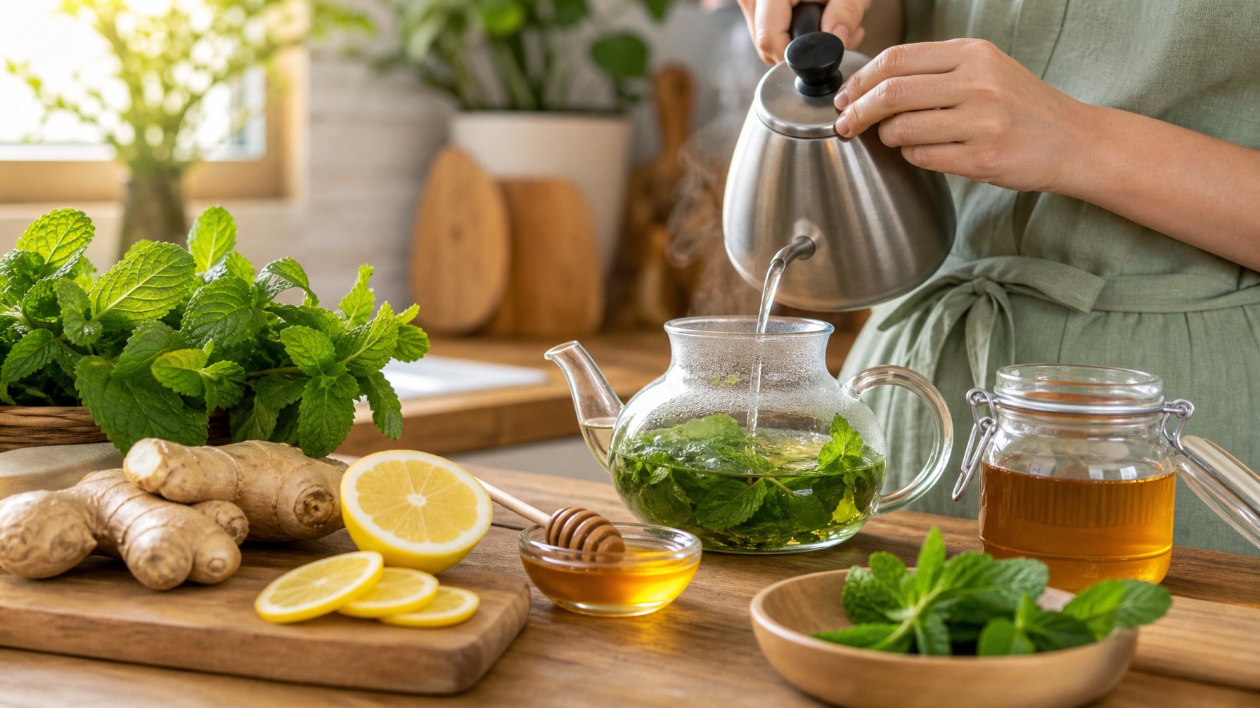 Seseorang sedang membuat minuman herbal sederhana di dapur rumah dengan bahan-bahan segar seperti daun mint, jahe, dan lemon di atas meja kayu.