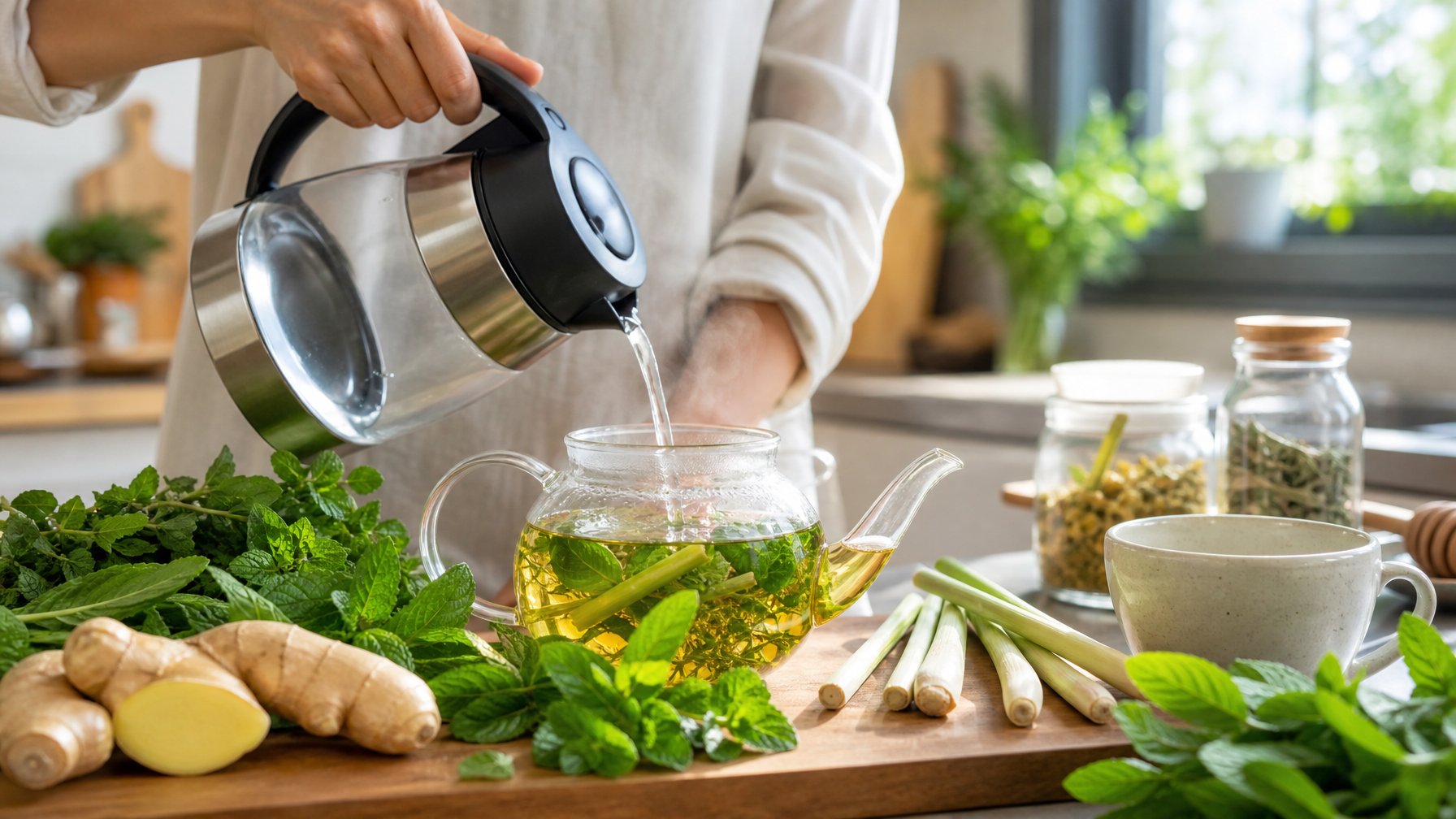 Seseorang sedang membuat minuman herbal di dapur dengan bahan-bahan segar seperti daun mint dan jahe di atas meja kayu.