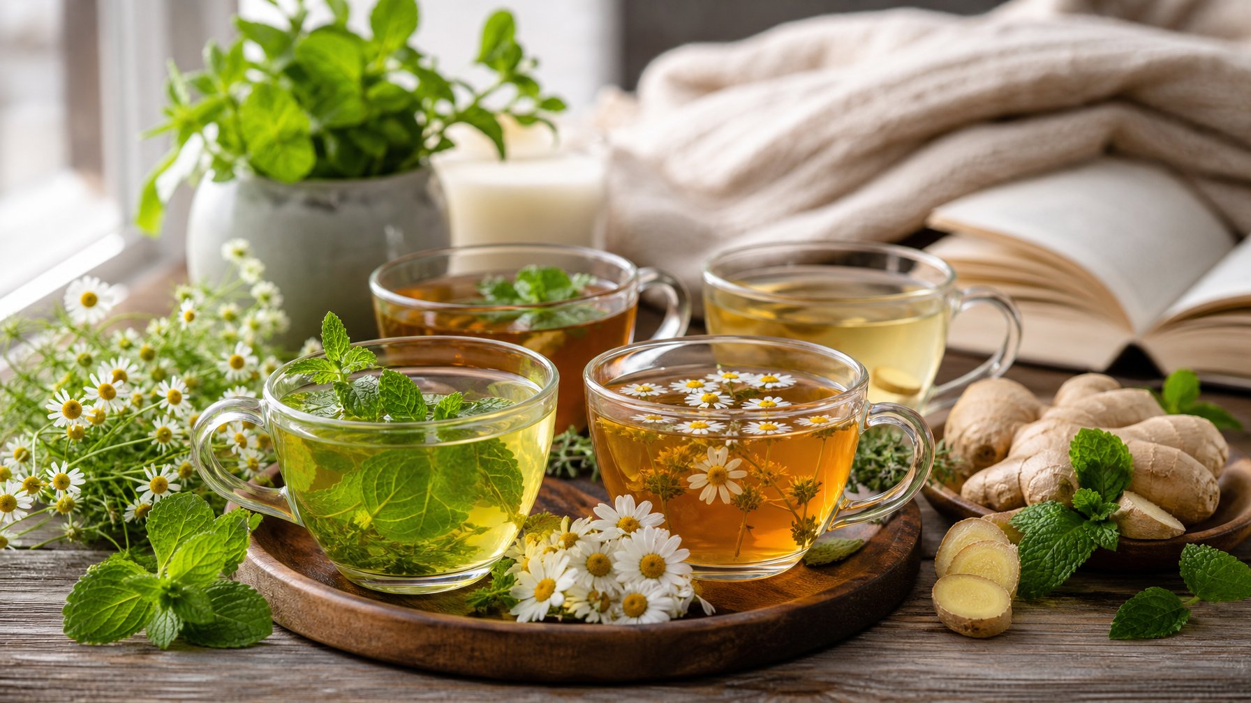 Meja kayu dengan beberapa cangkir teh herbal berwarna cerah dan berbagai tumbuhan segar di sekitarnya dalam suasana yang tenang dan nyaman.