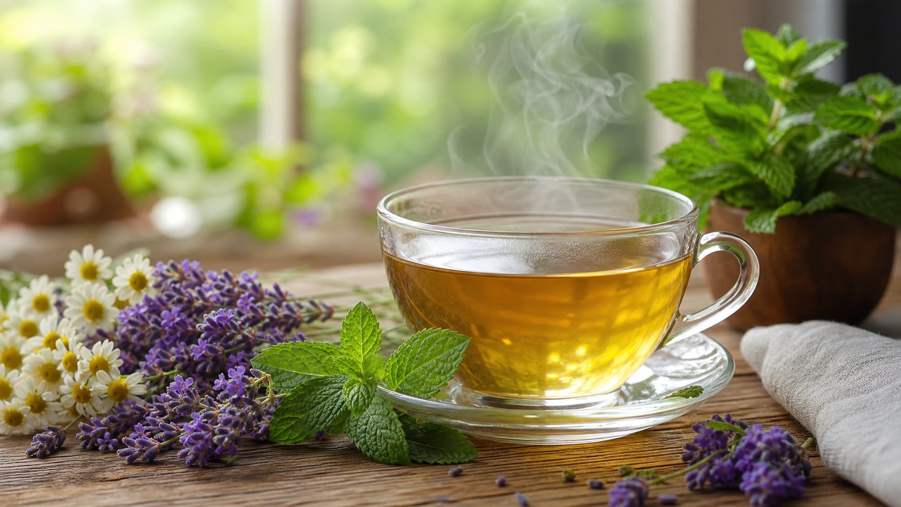 Sebuah cangkir teh herbal beruap di atas meja kayu dengan daun-daun herbal segar di sekitarnya, di latar belakang ruangan yang tenang dan terang.