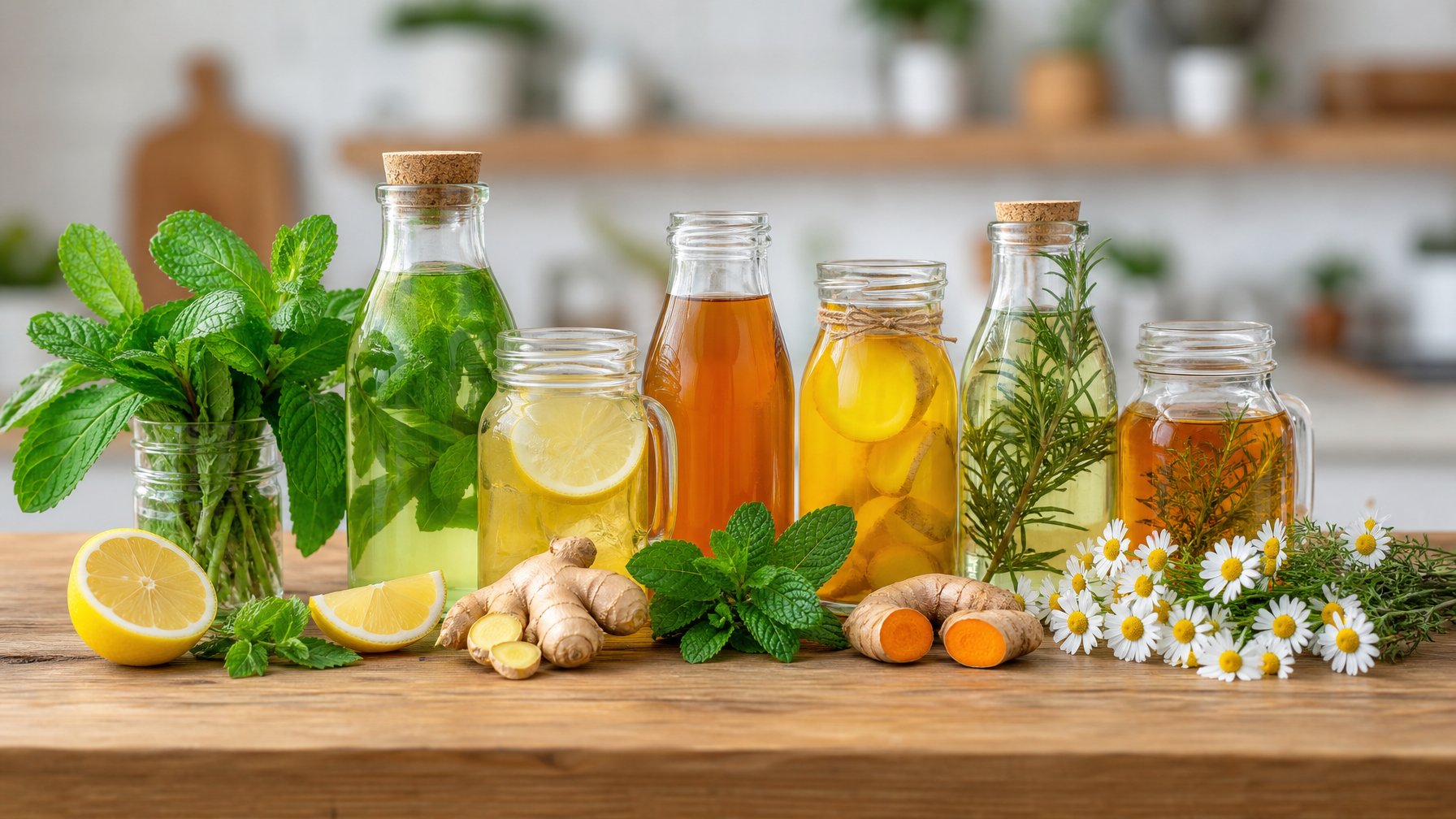 Beberapa minuman herbal segar dalam botol kaca di atas meja kayu dengan bahan-bahan herbal segar di sekitarnya.