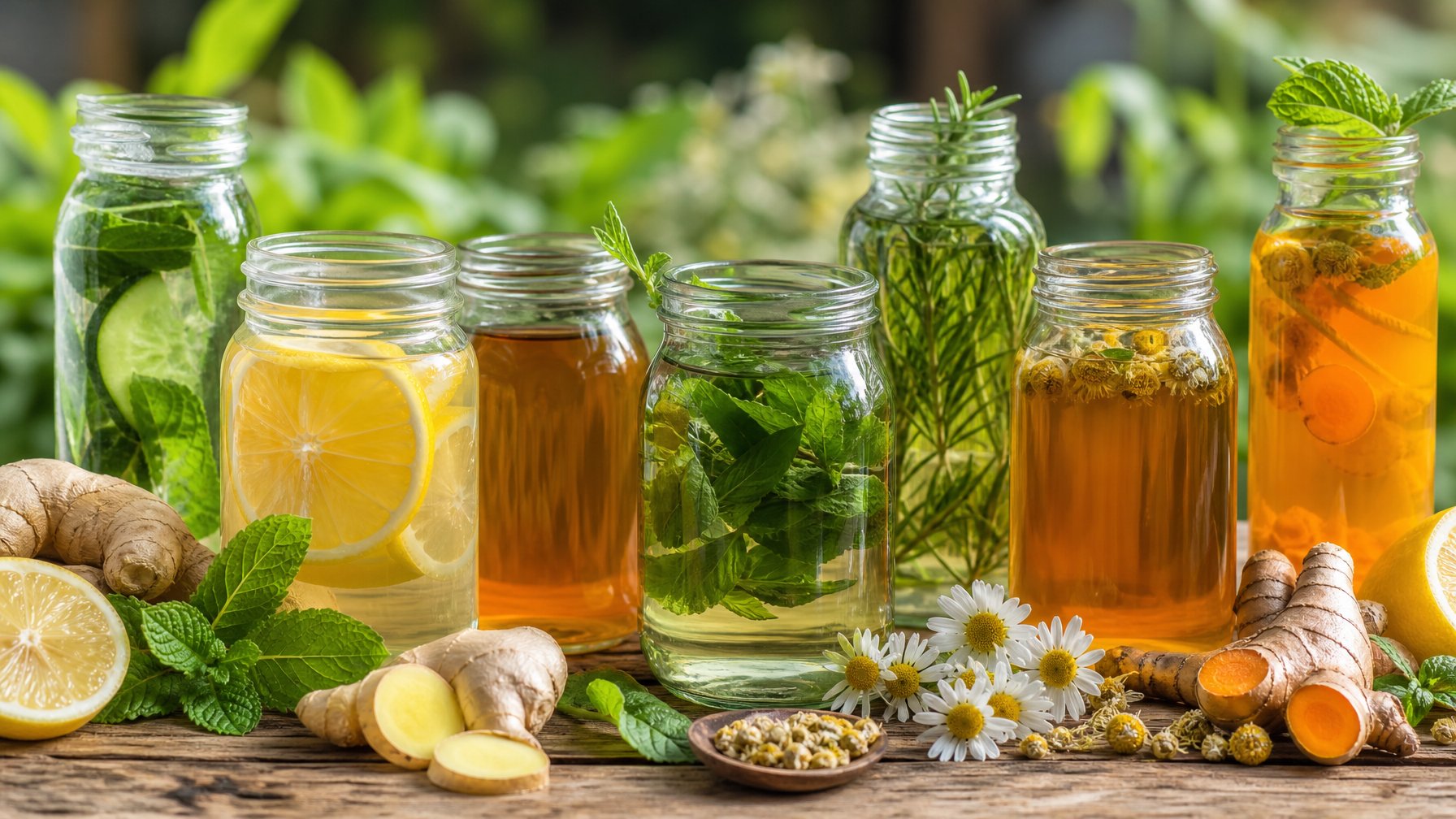 Beberapa minuman herbal berwarna cerah disajikan bersama bahan segar seperti daun mint, irisan lemon, jahe, kunyit, dan bunga chamomile di atas meja kayu.