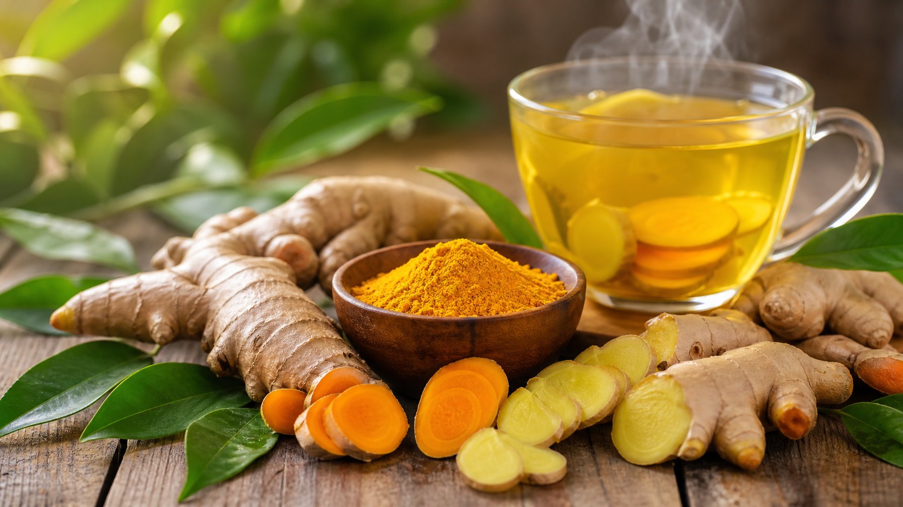 Tampilan minuman herbal jahe dan kunyit dengan akar jahe, kunyit, bubuk kunyit, daun hijau, dan secangkir teh hangat di atas meja kayu.