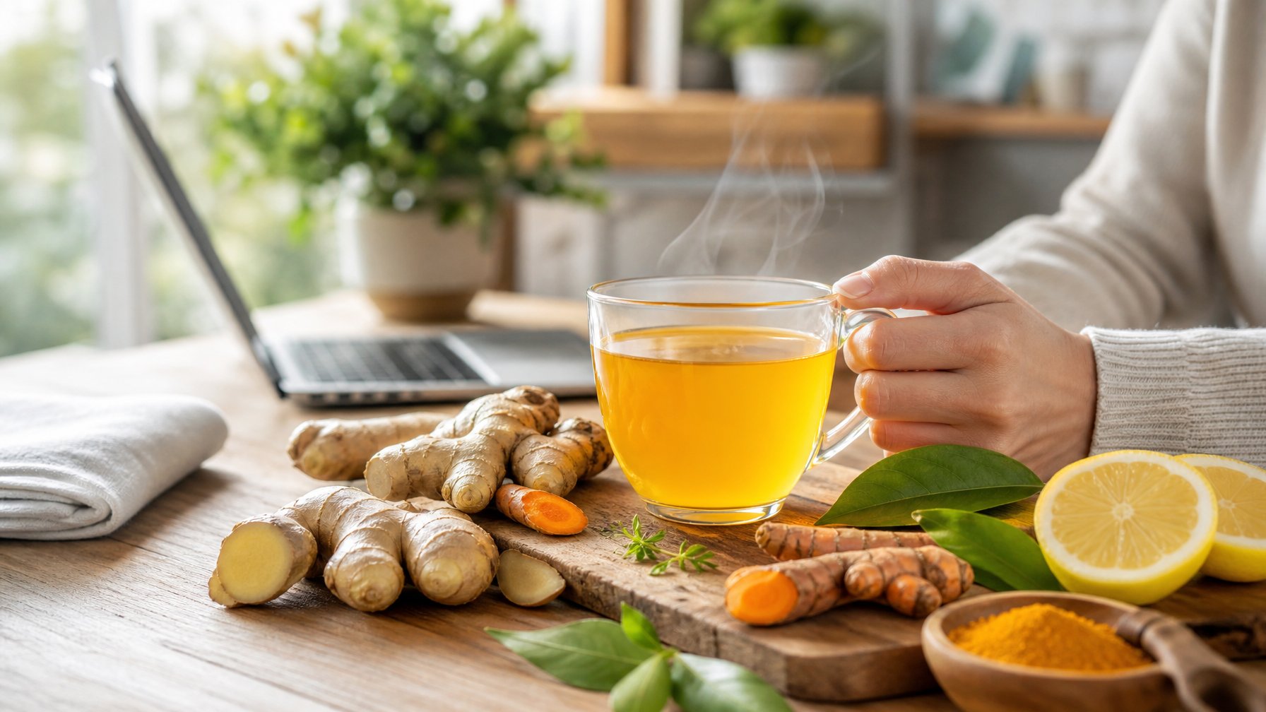 Sebuah cangkir minuman herbal jahe dan kunyit di atas meja kayu dengan bahan segar di sekitarnya dan tangan seseorang memegang cangkir tersebut di dapur yang terang.