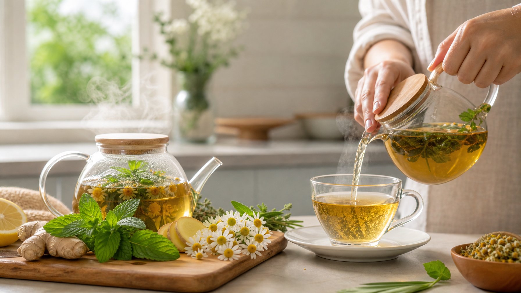 Sebuah dapur dengan teko kaca berisi teh herbal dan berbagai bahan herbal segar di atas papan kayu, dengan tangan seseorang menuangkan teh ke dalam gelas.