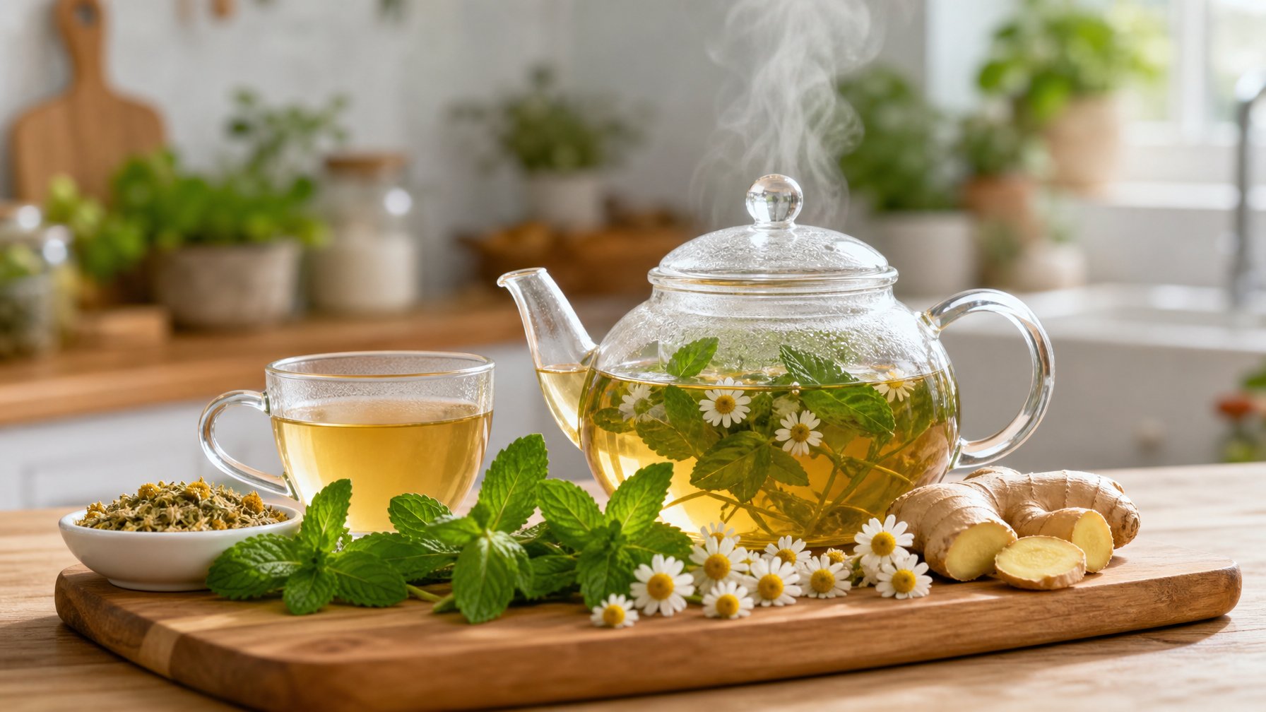 Sebuah teko kaca berisi teh herbal panas dengan cangkir teh di sampingnya, dikelilingi oleh berbagai tanaman herbal segar di atas meja dapur.