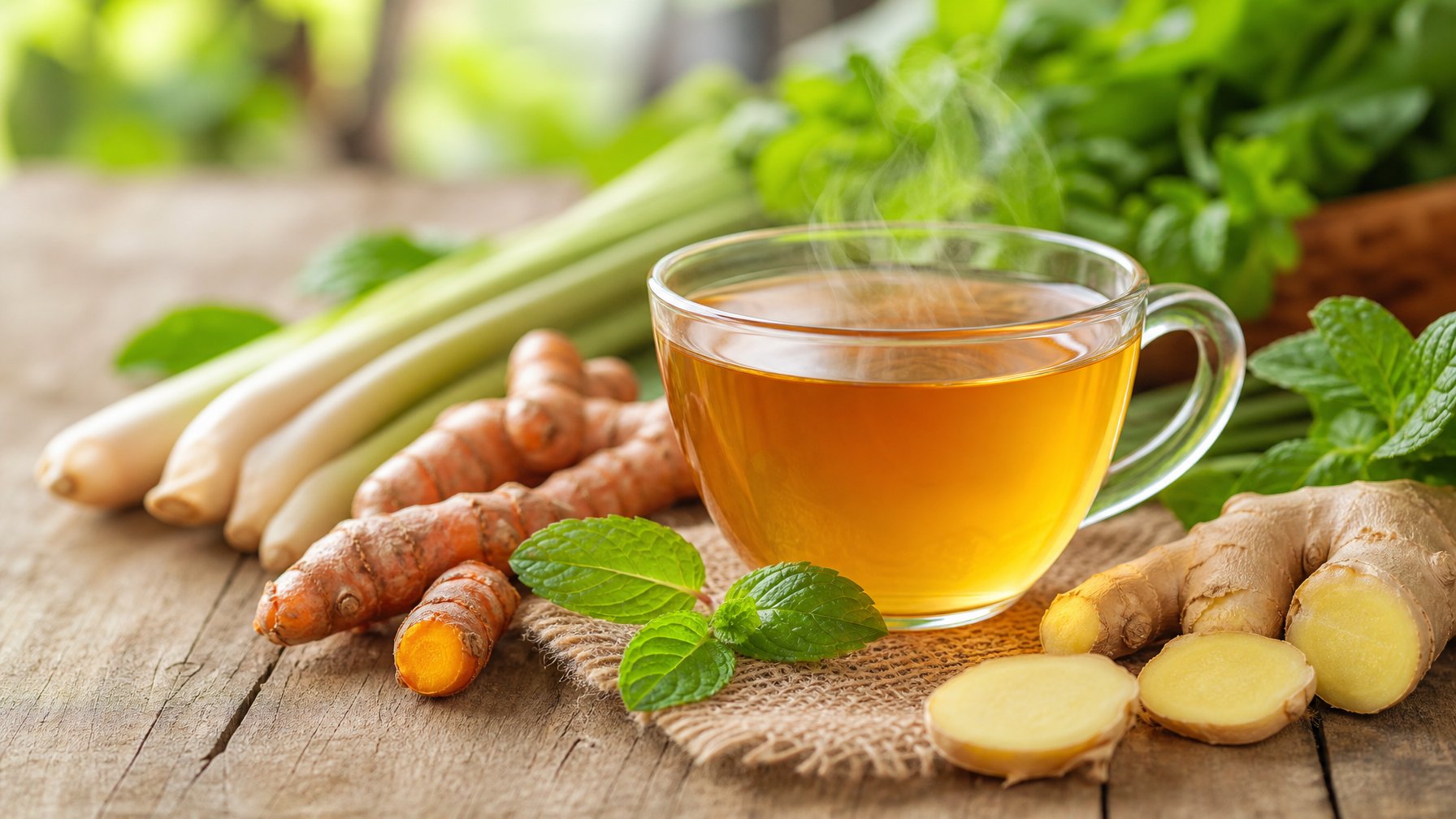 Secangkir teh herbal tradisional dengan bahan alami seperti jahe, kunyit, serai, dan daun mint di atas meja kayu.
