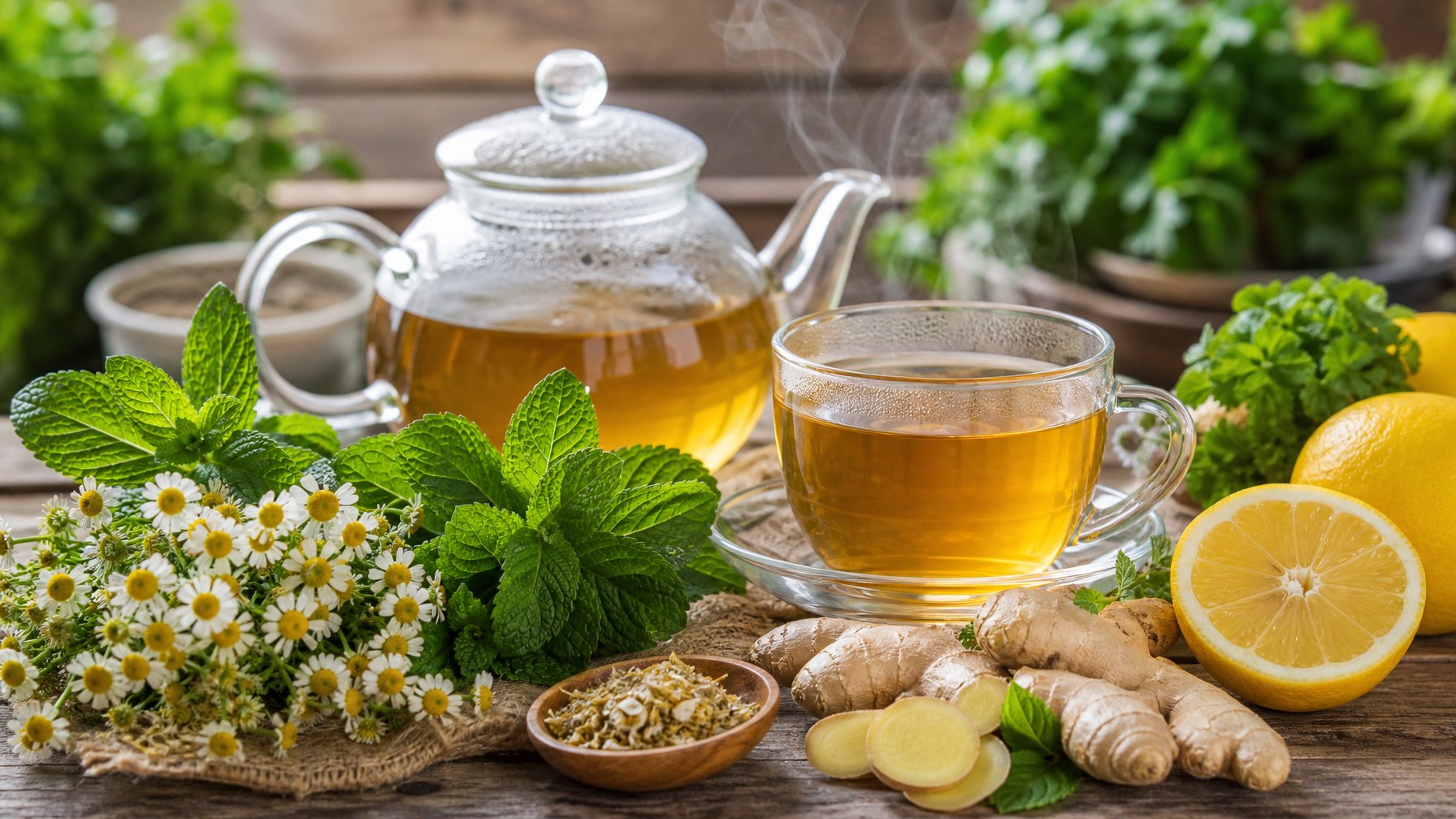 Beberapa tanaman herbal segar dan minuman teh herbal tradisional yang disajikan di atas meja kayu.