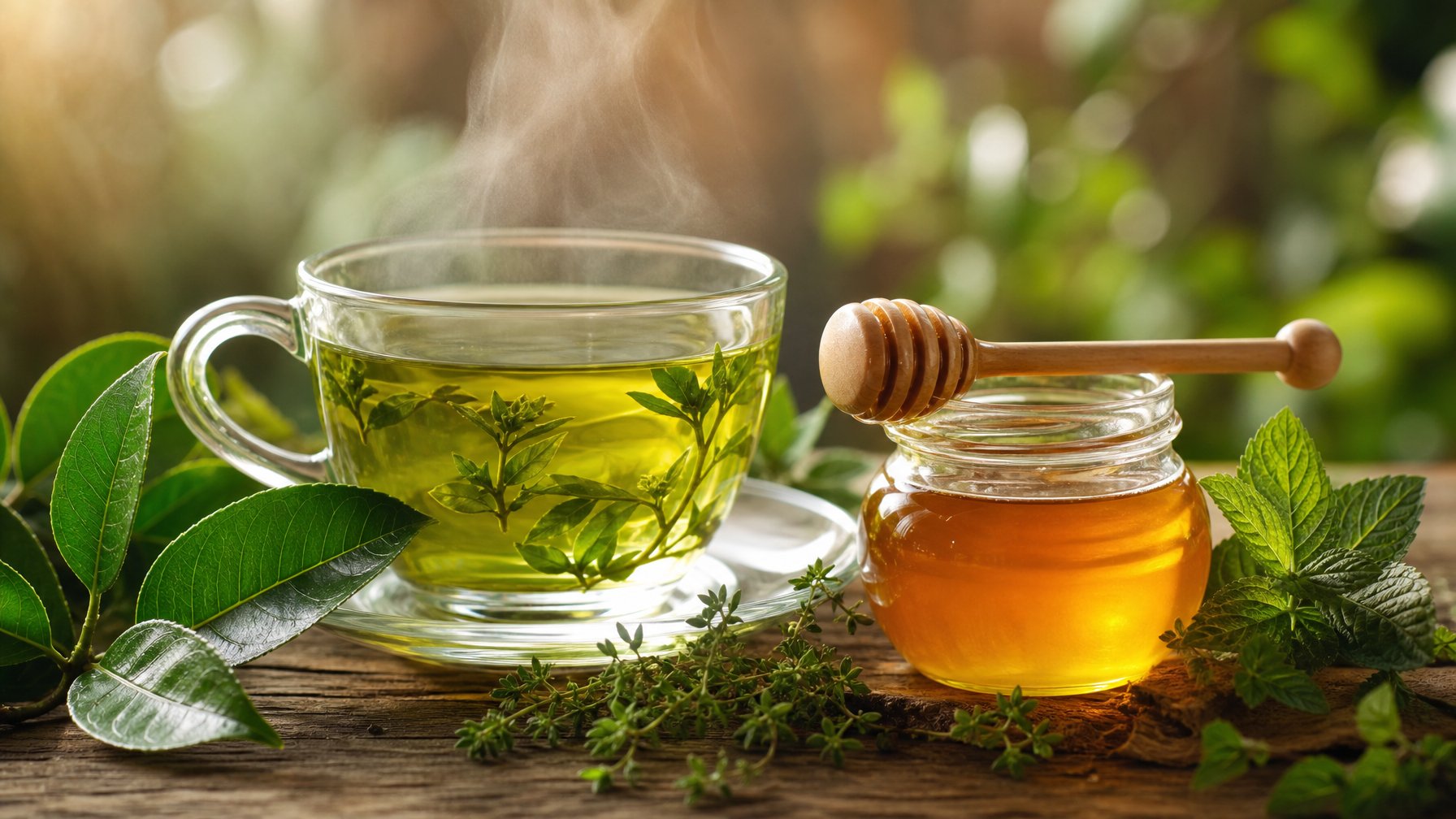 Secangkir teh hijau panas dengan toples madu dan daun teh segar di atas meja kayu.