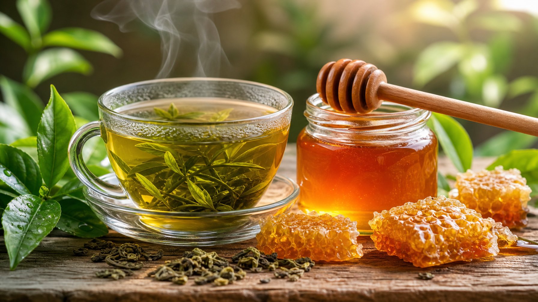 Secangkir teh hijau panas di atas meja kayu dengan toples madu dan daun teh segar di sekitarnya.