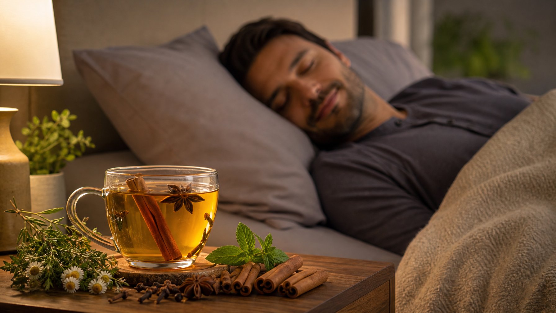 Seorang pria sedang tidur nyenyak di tempat tidur dengan minuman herbal berbahan rempah di meja sampingnya.