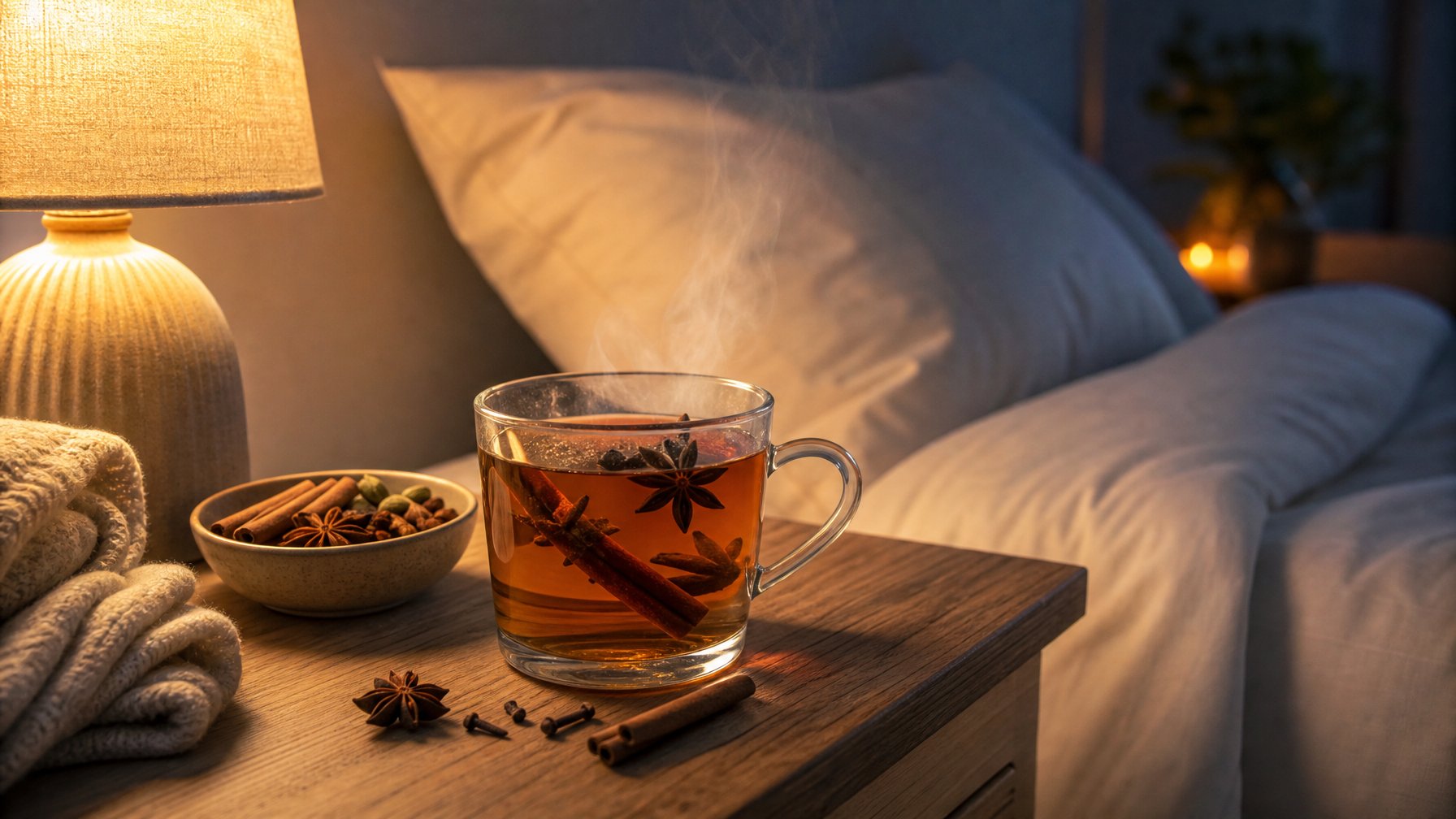 Cangkir teh herbal beruap dengan rempah-rempah di meja samping tempat tidur yang nyaman dengan lampu redup dan tempat tidur di latar belakang.