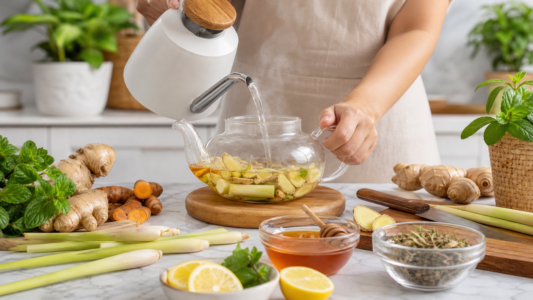 Tangan menuang air panas ke teko kaca berisi ramuan herbal segar di dapur dengan bahan-bahan seperti jahe, kunyit, dan daun mint di sekitar.