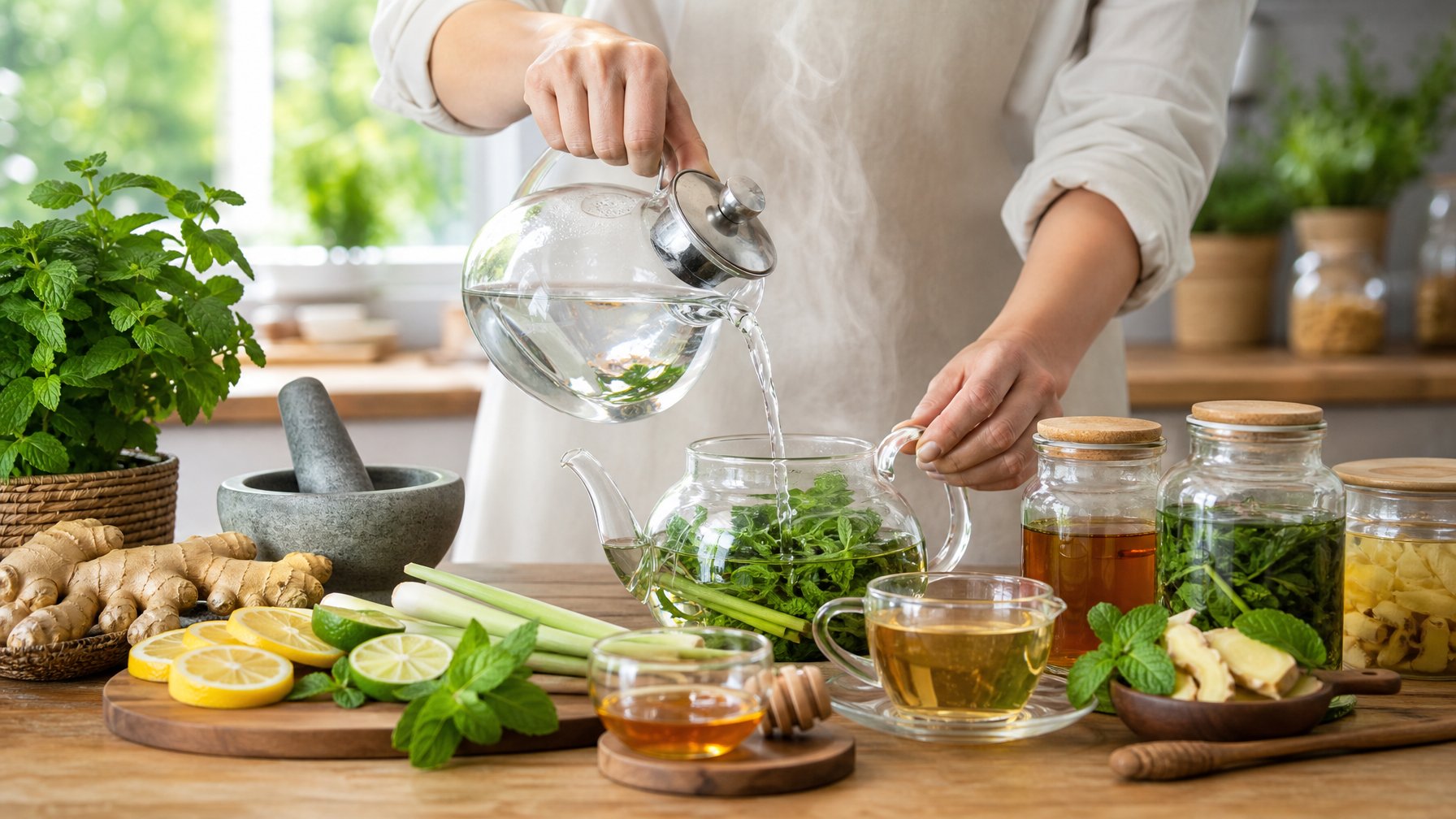 Tangan menuangkan air panas ke teko kaca berisi ramuan herbal di dapur dengan berbagai bahan herbal segar di atas meja.