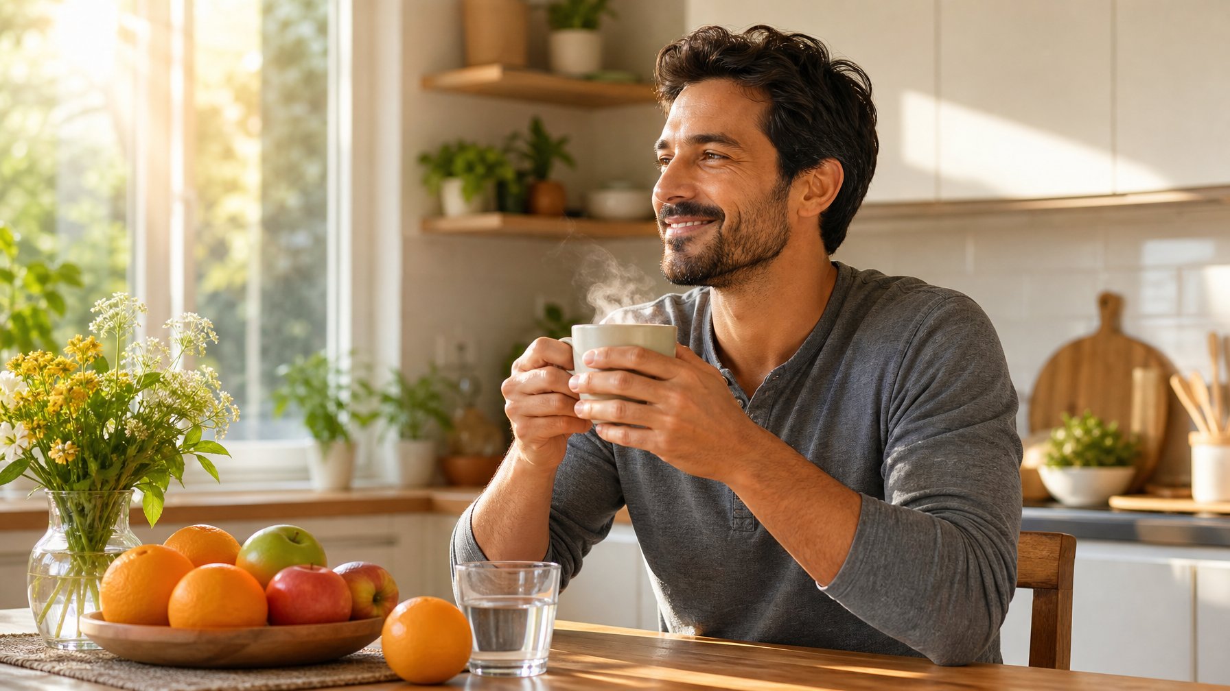 Seorang pria menikmati minuman hangat di dapur dengan meja yang berisi buah segar dan bunga.