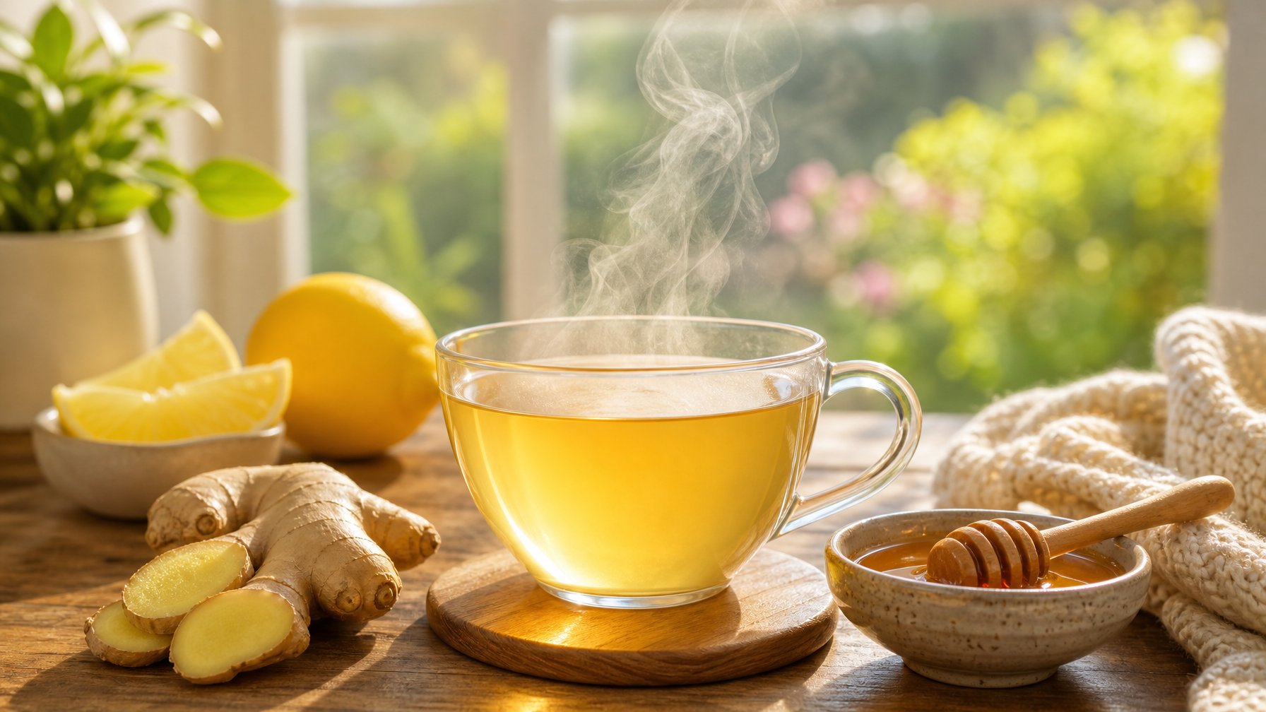 Secangkir minuman hangat dengan uap yang naik di atas meja kayu di pagi hari, dikelilingi irisan jahe, lemon, dan madu, dengan latar belakang jendela yang memperlihatkan taman hijau.