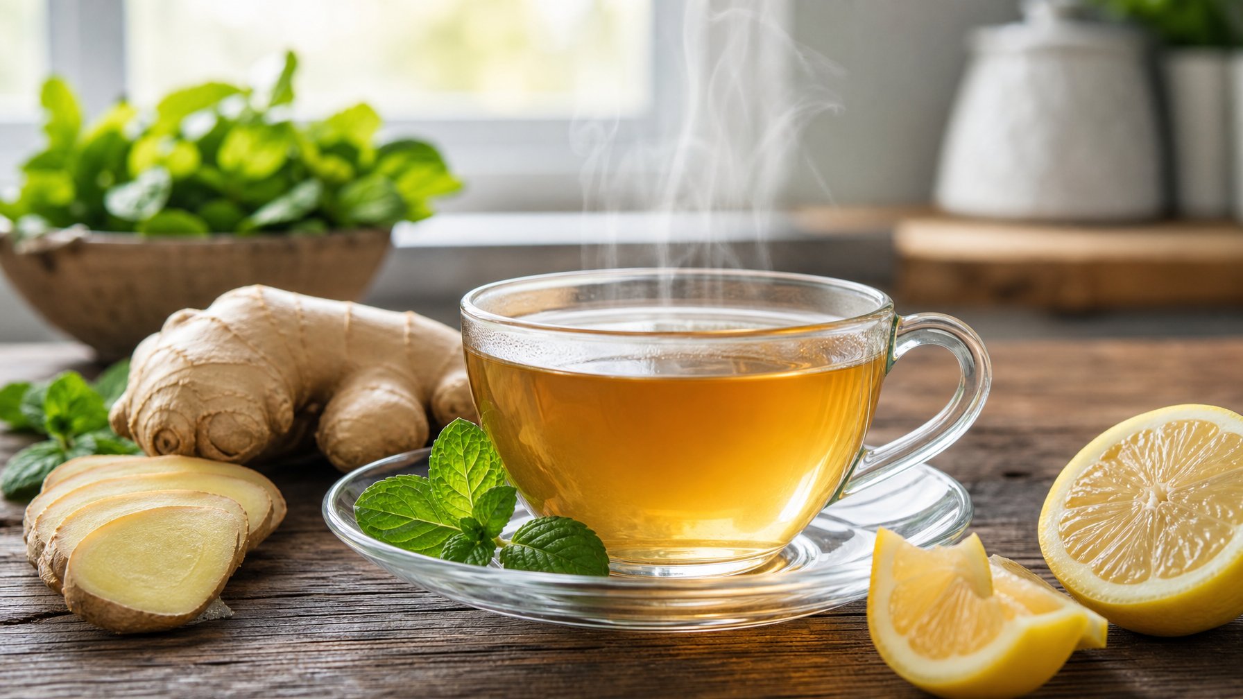 Cangkir teh hangat dengan uap di atas meja kayu, dikelilingi jahe, irisan lemon, dan daun mint.