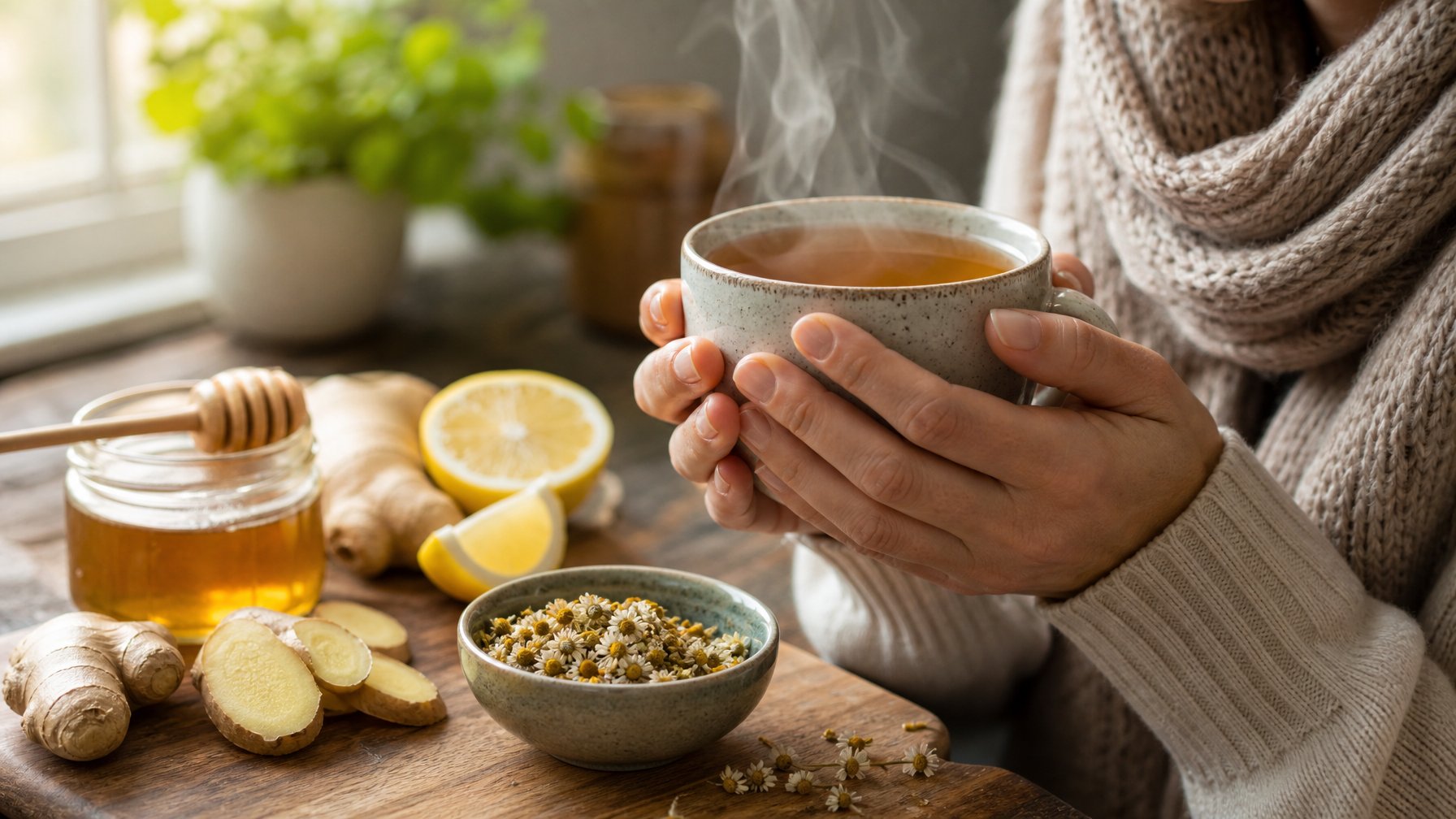 Seseorang memegang cangkir teh hangat dengan tangan, di atas meja terdapat jahe, lemon, madu, dan bunga chamomile.
