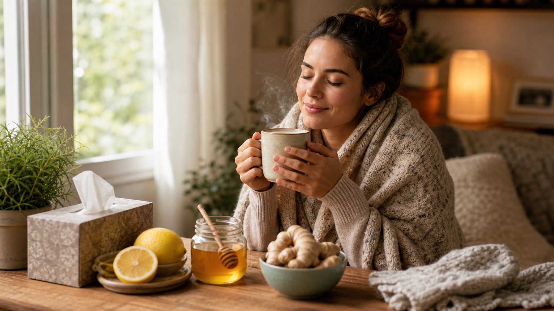 Seseorang duduk di meja dengan memegang cangkir minuman hangat, dikelilingi oleh bahan-bahan alami seperti lemon dan jahe, menunjukkan suasana nyaman untuk pemulihan flu.