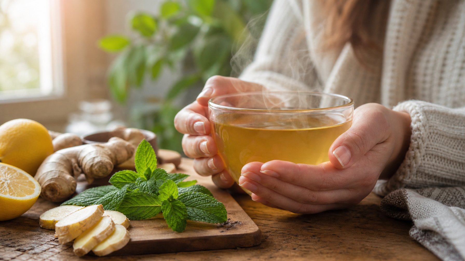 Tangan memegang cangkir teh hangat dengan irisan lemon, jahe, dan daun mint di atas meja kayu.