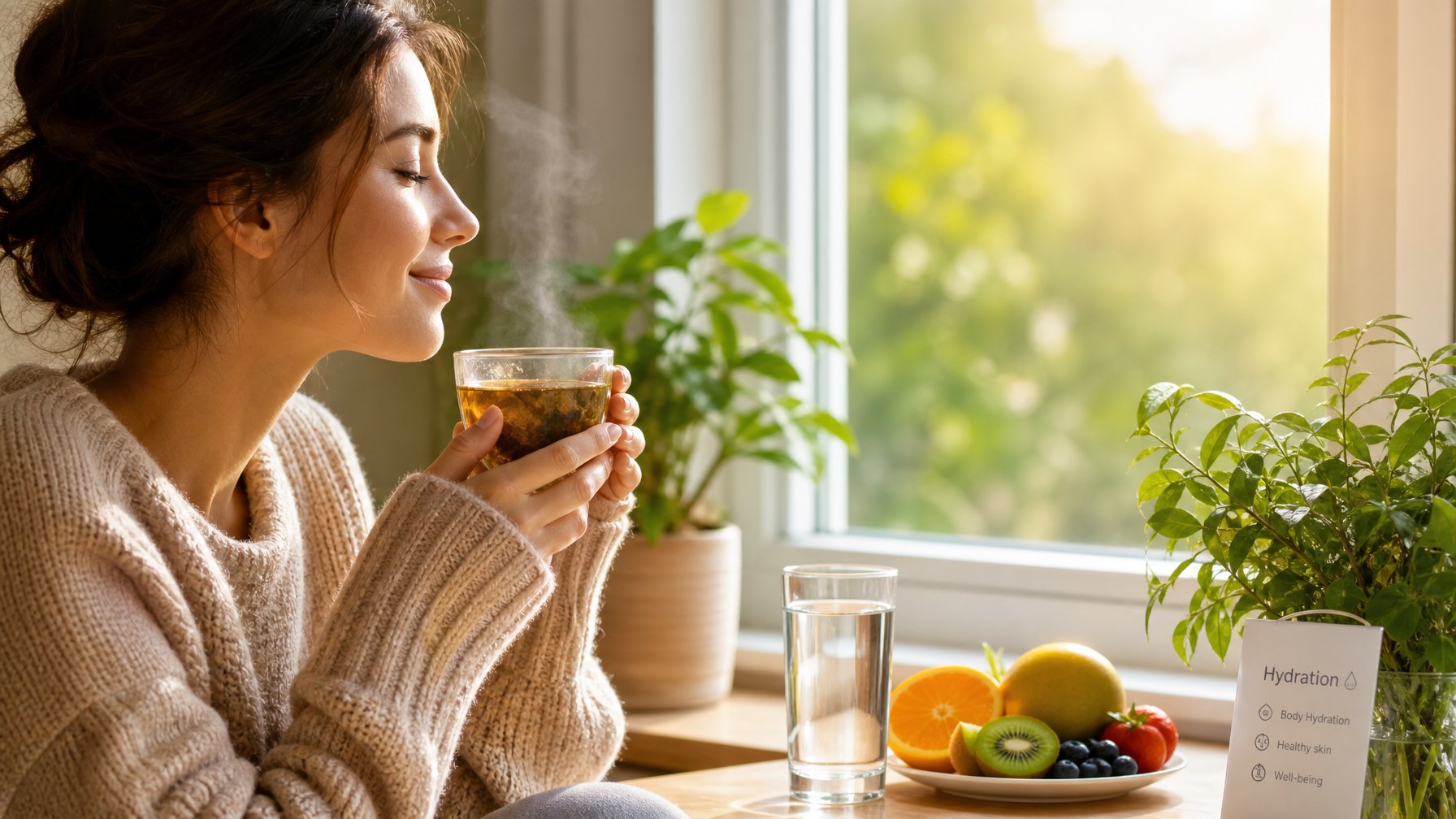 Seseorang memegang cangkir minuman hangat di dekat jendela dengan cahaya alami, dikelilingi oleh buah segar dan tanaman hijau.