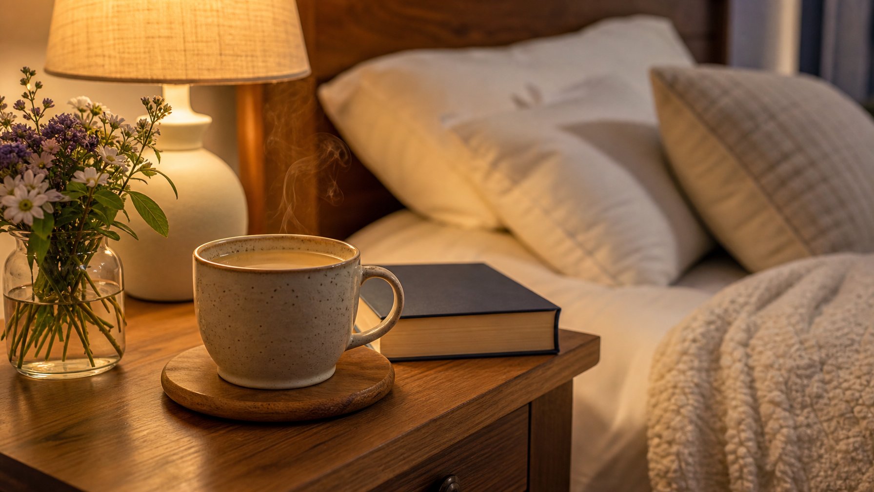 Meja samping tempat tidur dengan secangkir minuman hangat beruap, tempat tidur rapi dengan bantal dan selimut, suasana tenang dan nyaman untuk tidur.