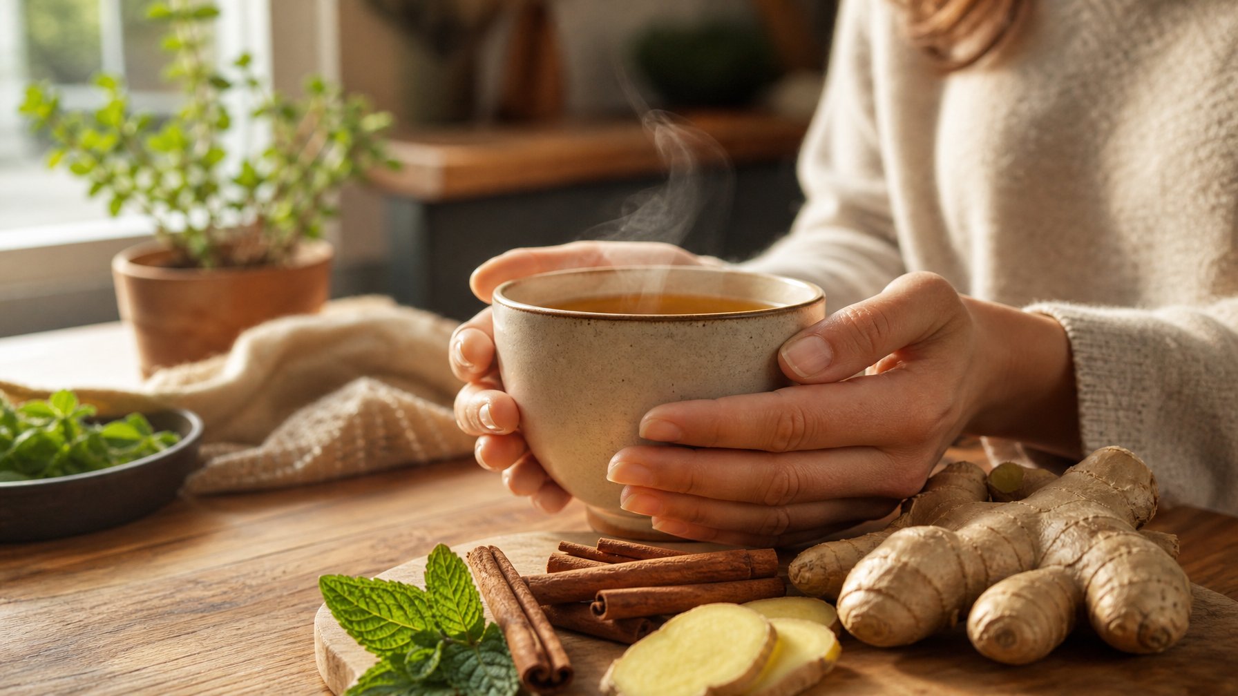 Seseorang memegang cangkir berisi minuman hangat dengan uap yang naik, di dalam ruangan yang terang dan nyaman dengan beberapa rempah segar di meja.