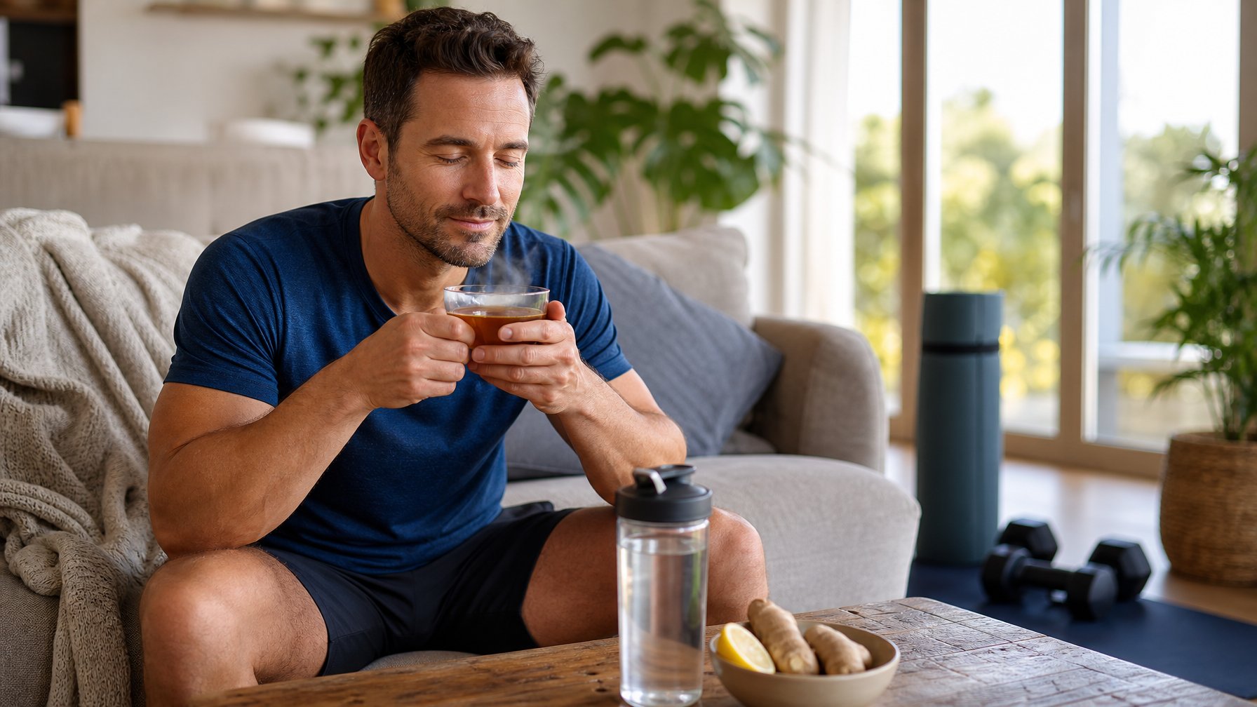 Seorang pria duduk santai di sofa memegang cangkir minuman hangat dengan ekspresi tenang di ruang tamu yang terang dan nyaman.